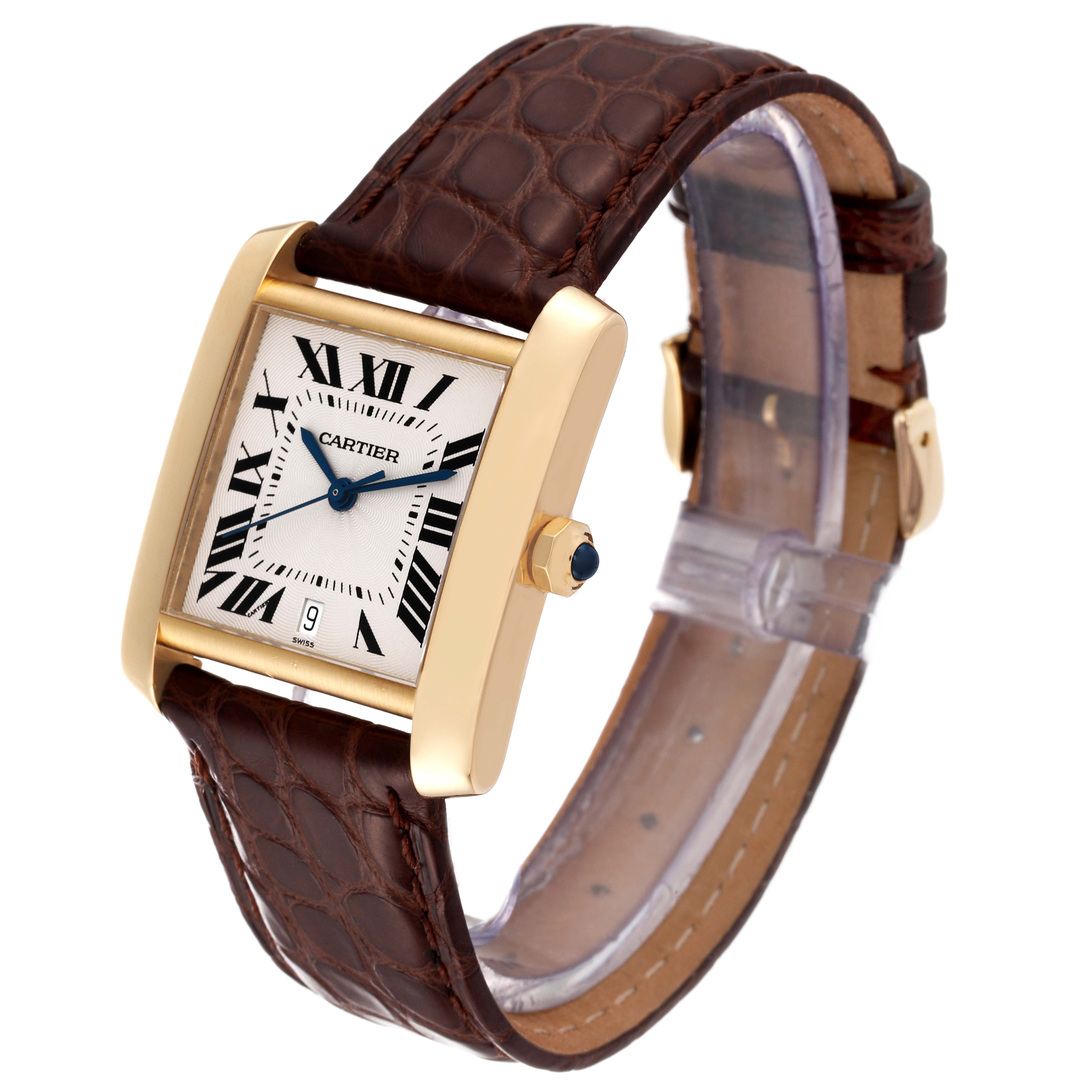This image shows a Cartier Tank Française watch at a three-quarter angle, highlighting its face, gold case, and brown leather strap.