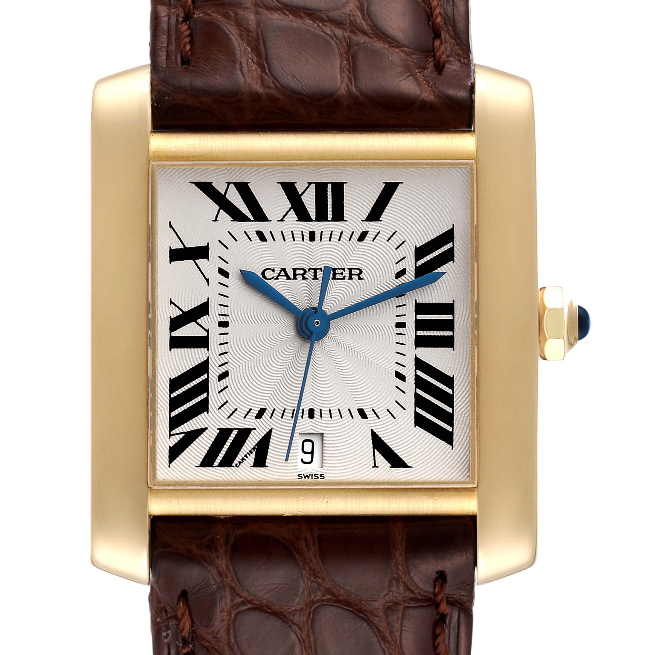 The image shows a front view of the Cartier Tank Francaise W5000156 Men's Yellow Gold Silver Dial W5000156 Men's Yellow Gold Silver Dial watch, including its face, crown, and brown leather strap.