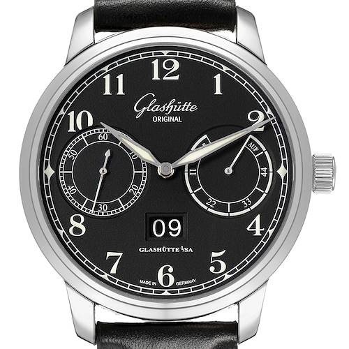 The Glashütte Senator watch is shown from the front, featuring a black dial, subdials, a date display, and a black strap.