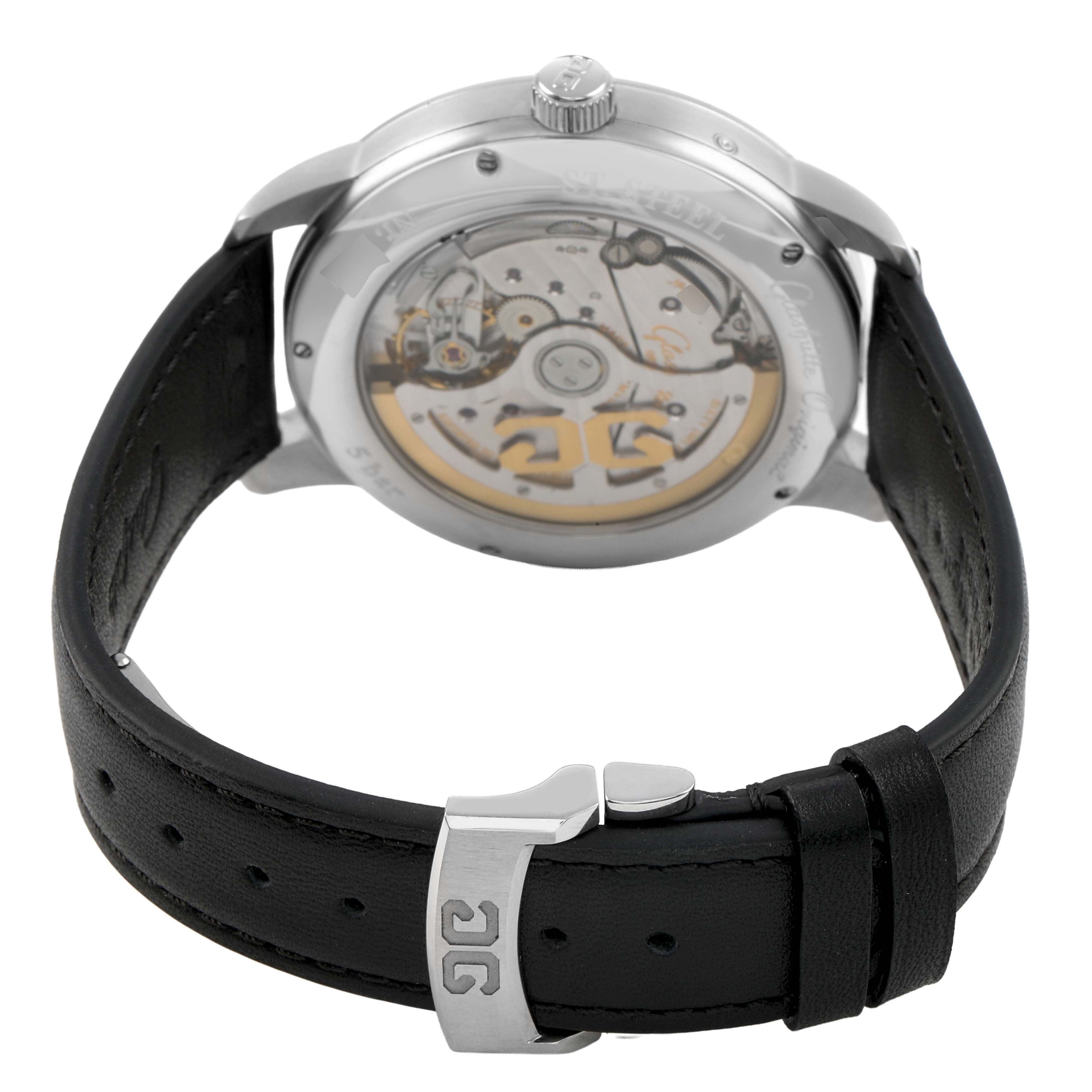 The Glashutte Senator 1-00-14-02-02-55 Men's Stainless Steel Grey Dial model watch is shown from a rear angle, highlighting its case back and leather strap with buckle.