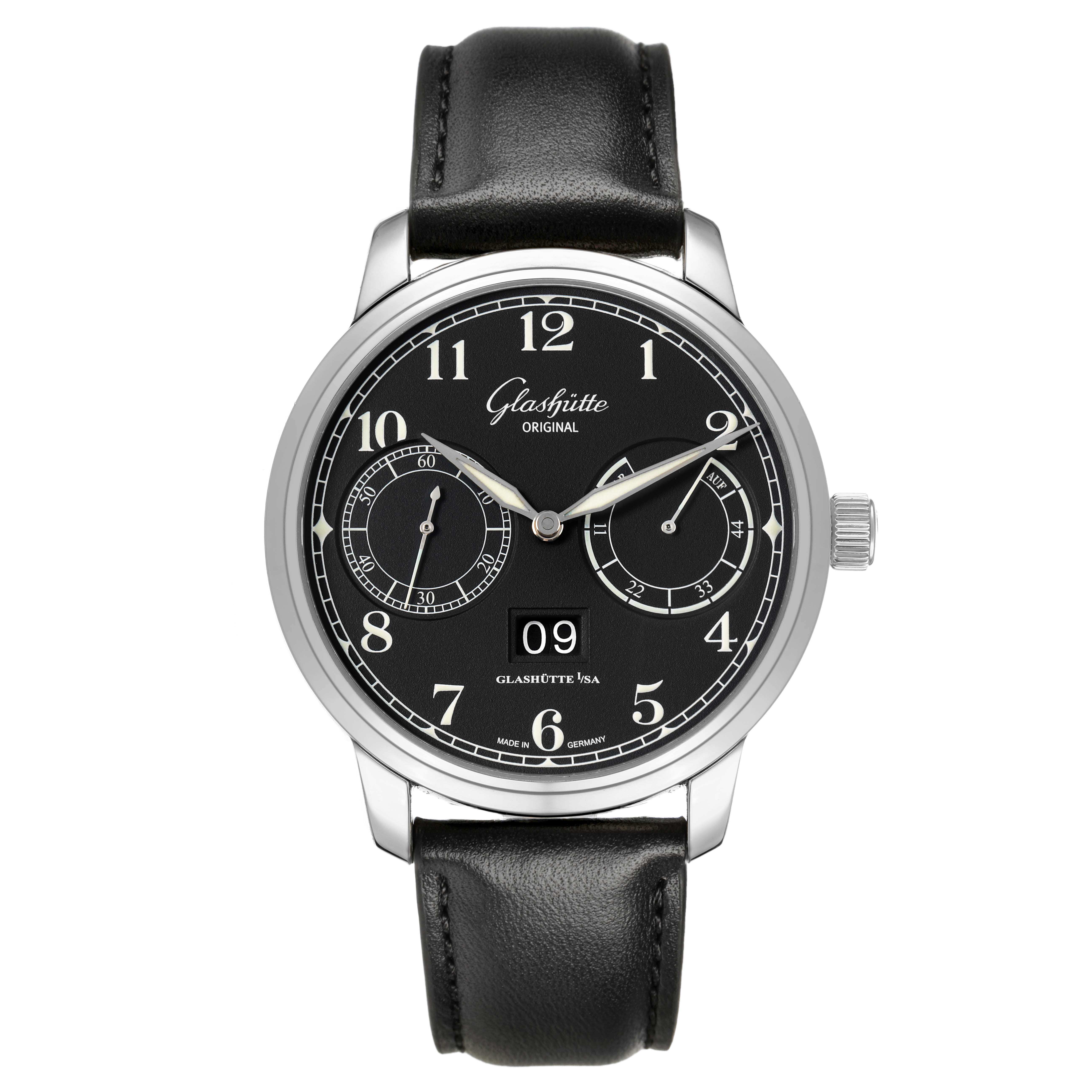 The Glashütte Senator watch is shown from the front, featuring a black dial, numerals, subdials, and a leather strap.