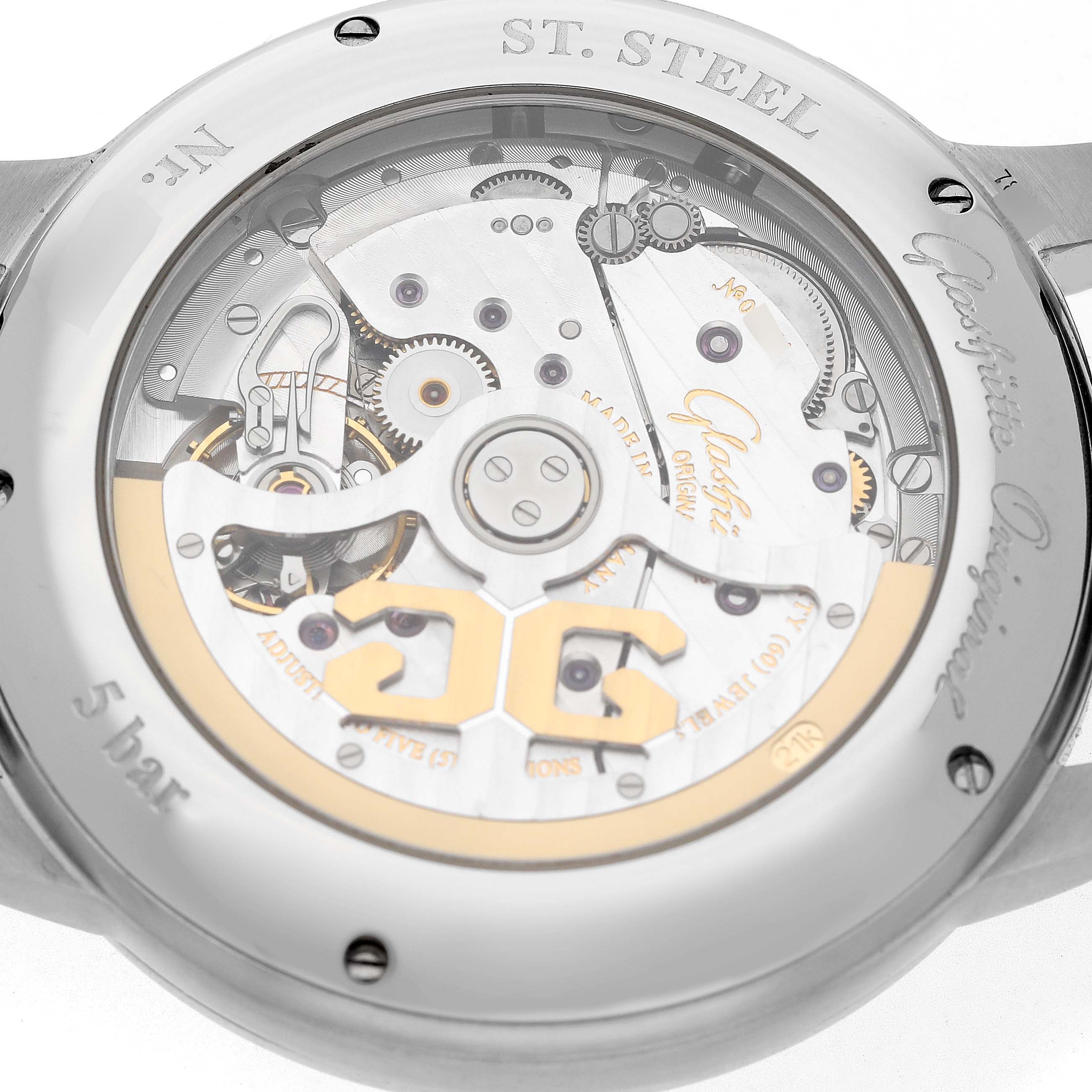 The image shows the rear view of the Glashütte Senator model, highlighting its intricate movement and rotor.