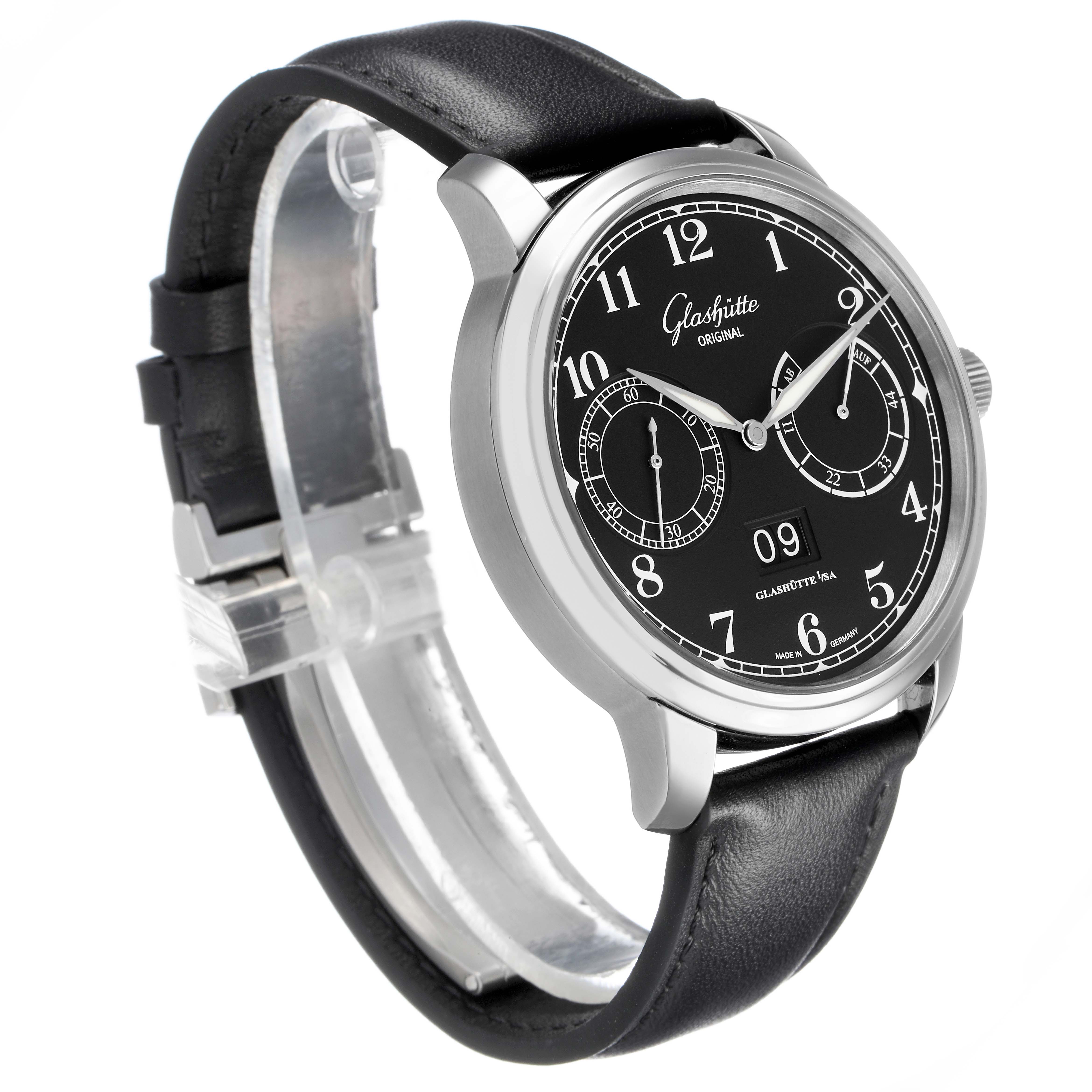 The Glashutte Senator 1-00-14-02-02-55 Men's Stainless Steel Grey Dial watch is shown at a three-quarter angle, highlighting its black dial, subdials, and leather strap.