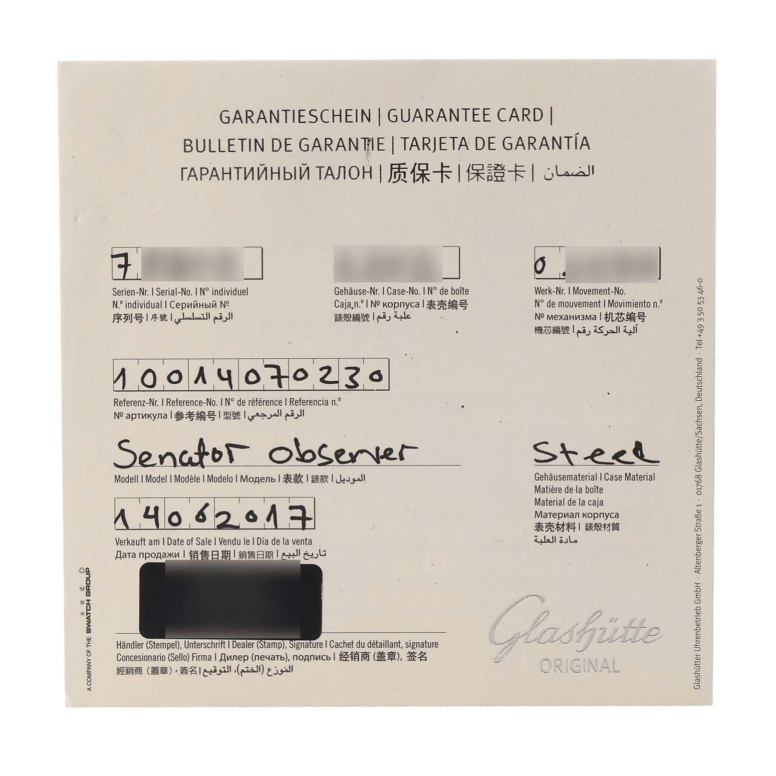 The image shows a warranty card for the Glashütte Senator model, displaying its details and specifications.