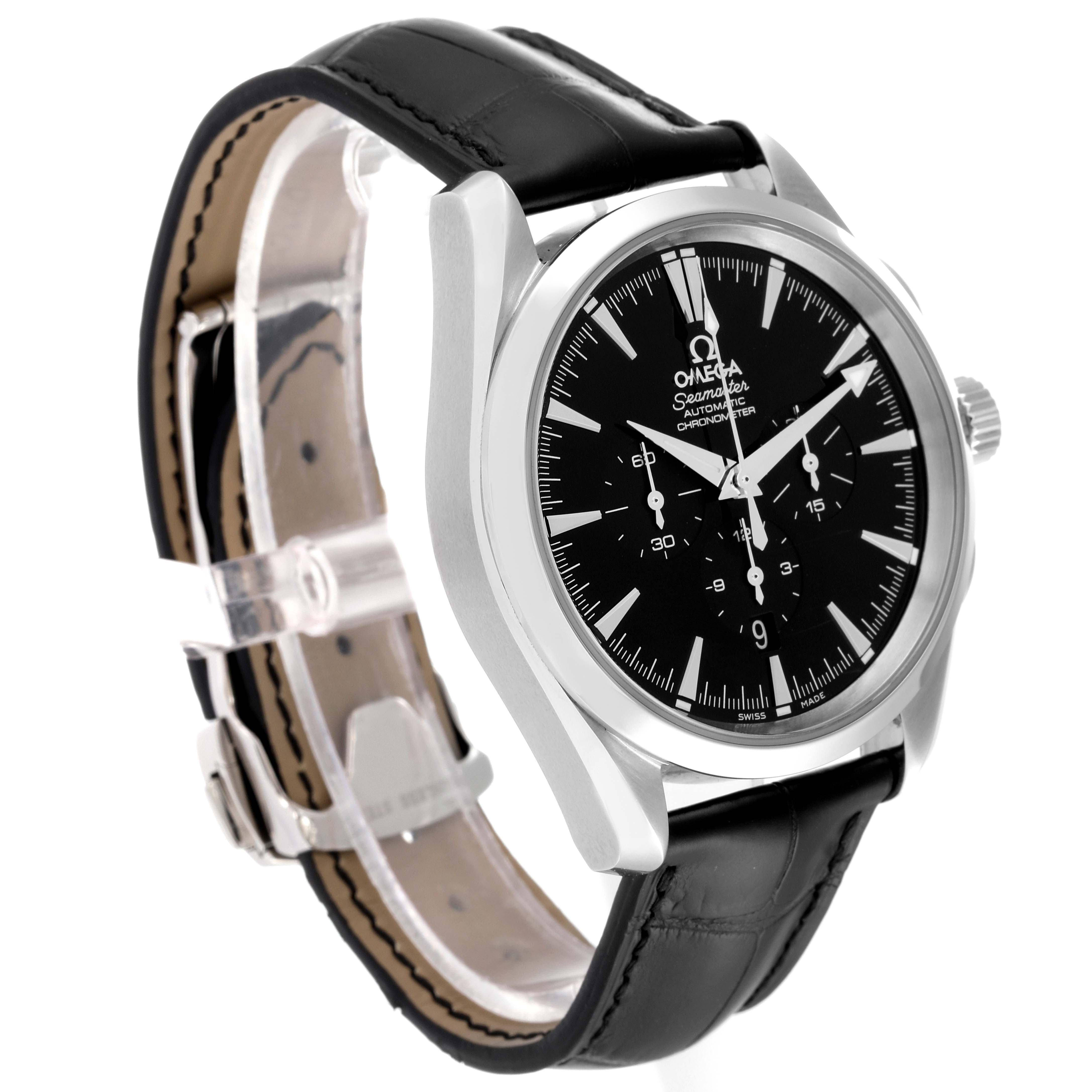 The image shows an angled side view of an Omega Aqua Terra 2812.50.37 Men's Stainless Steel Black Dial 2812.50.37 Men's Stainless Steel Black Dial watch, highlighting the face, bezel, crown, and leather strap.