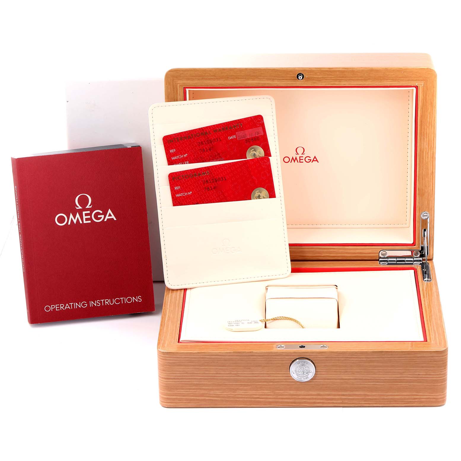 The image displays an Omega Aqua Terra 2812.50.37 Men's Stainless Steel Black Dial 2812.50.37 Men's Stainless Steel Black Dial watch box, with operating instructions and warranty cards placed adjacent to it.