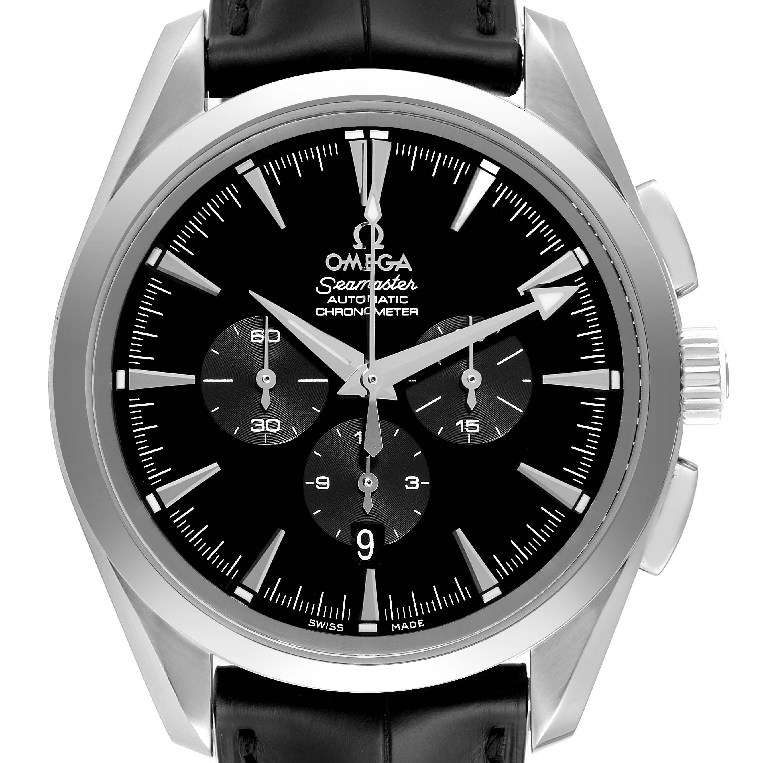 This image shows a front view of the Omega Aqua Terra 2812.50.37 Men's Stainless Steel Black Dial 2812.50.37 Men's Stainless Steel Black Dial Seamaster chronograph, highlighting its black dial, subdials, and leather strap.