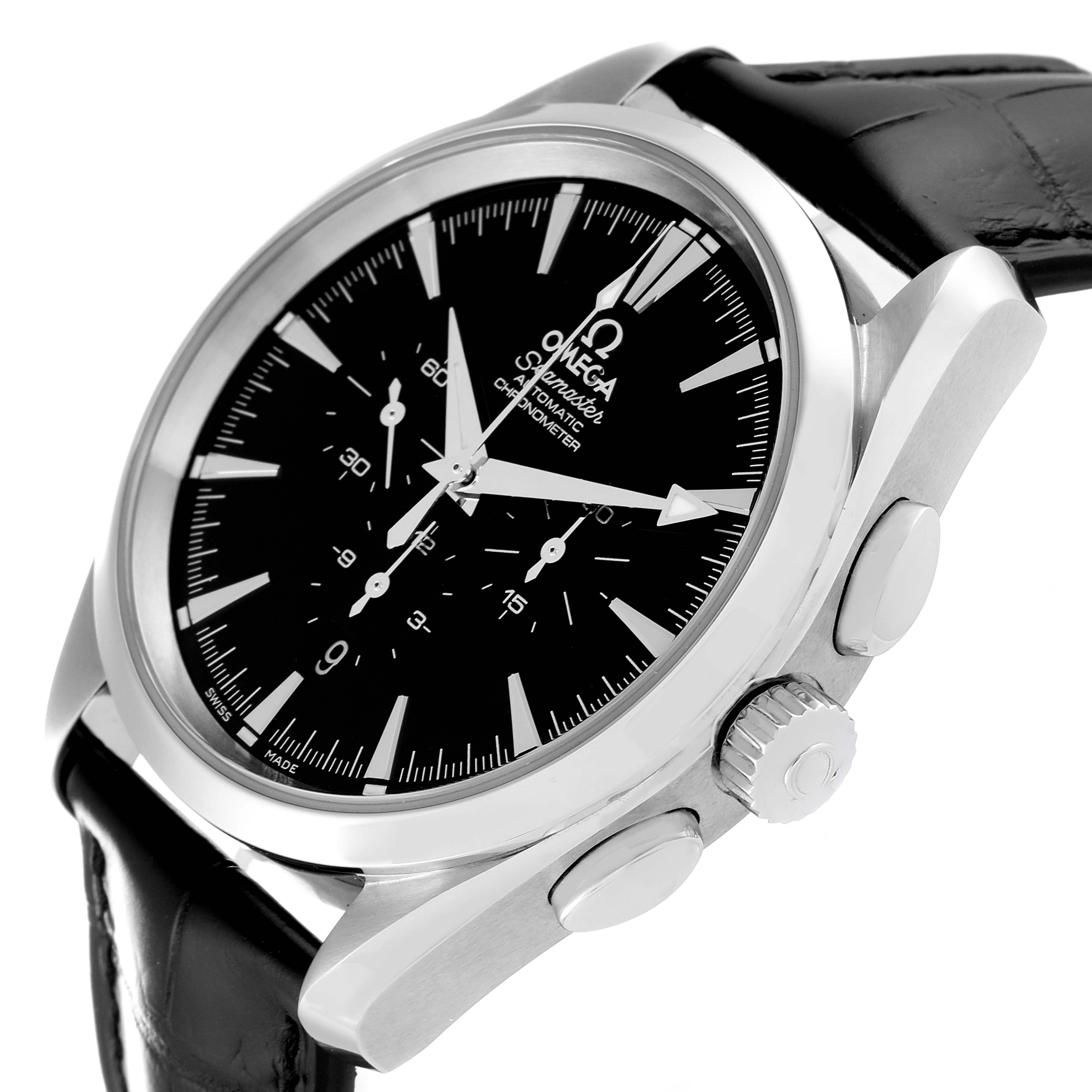 The image shows an Omega Aqua Terra 2812.50.37 Men's Stainless Steel Black Dial 2812.50.37 Men's Stainless Steel Black Dial watch at an angled side view, highlighting the dial, crown, and pushers.