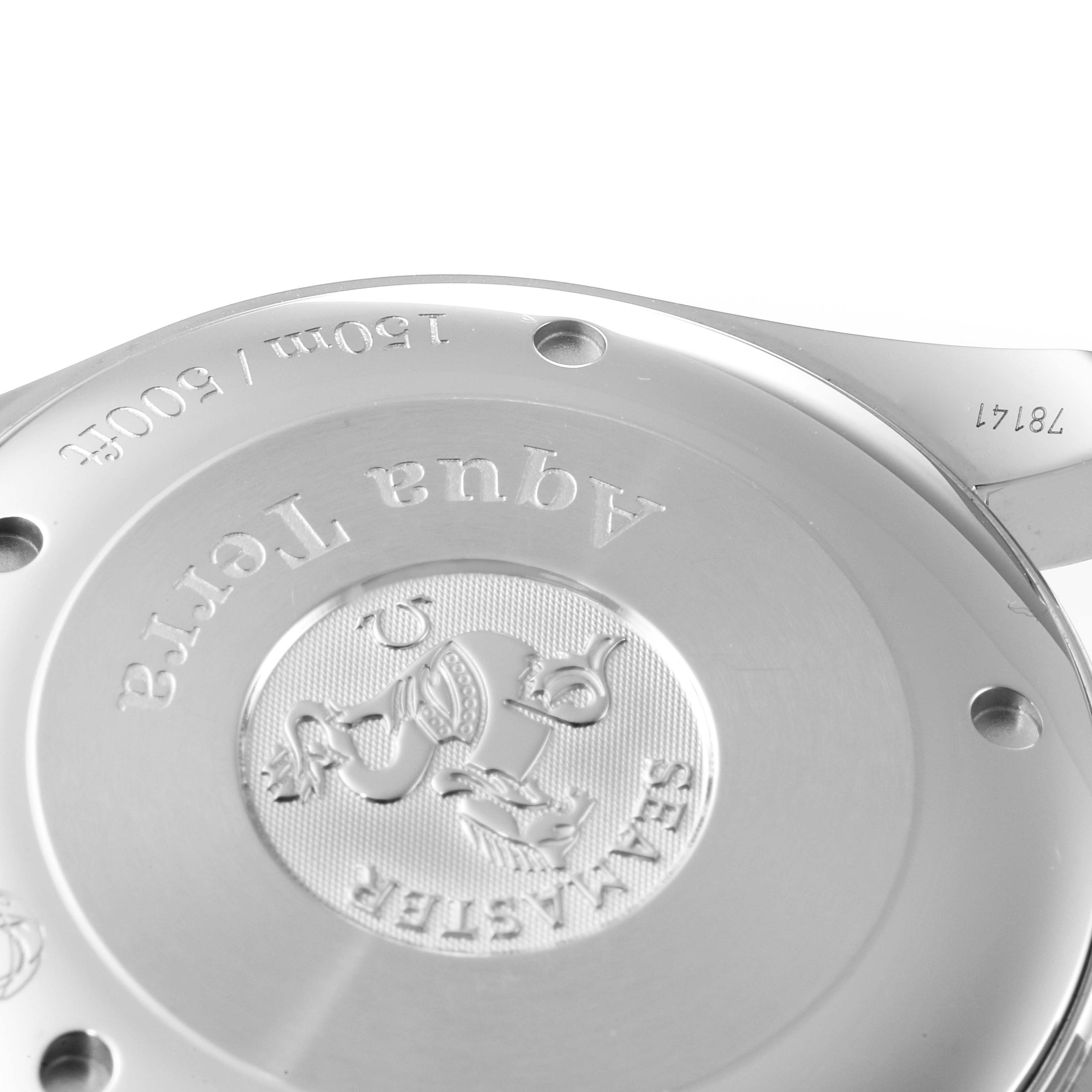 The image shows the case back of the Omega Aqua Terra 2812.50.37 Men's Stainless Steel Black Dial 2812.50.37 Men's Stainless Steel Black Dial watch, featuring engravings and the Seamaster emblem.