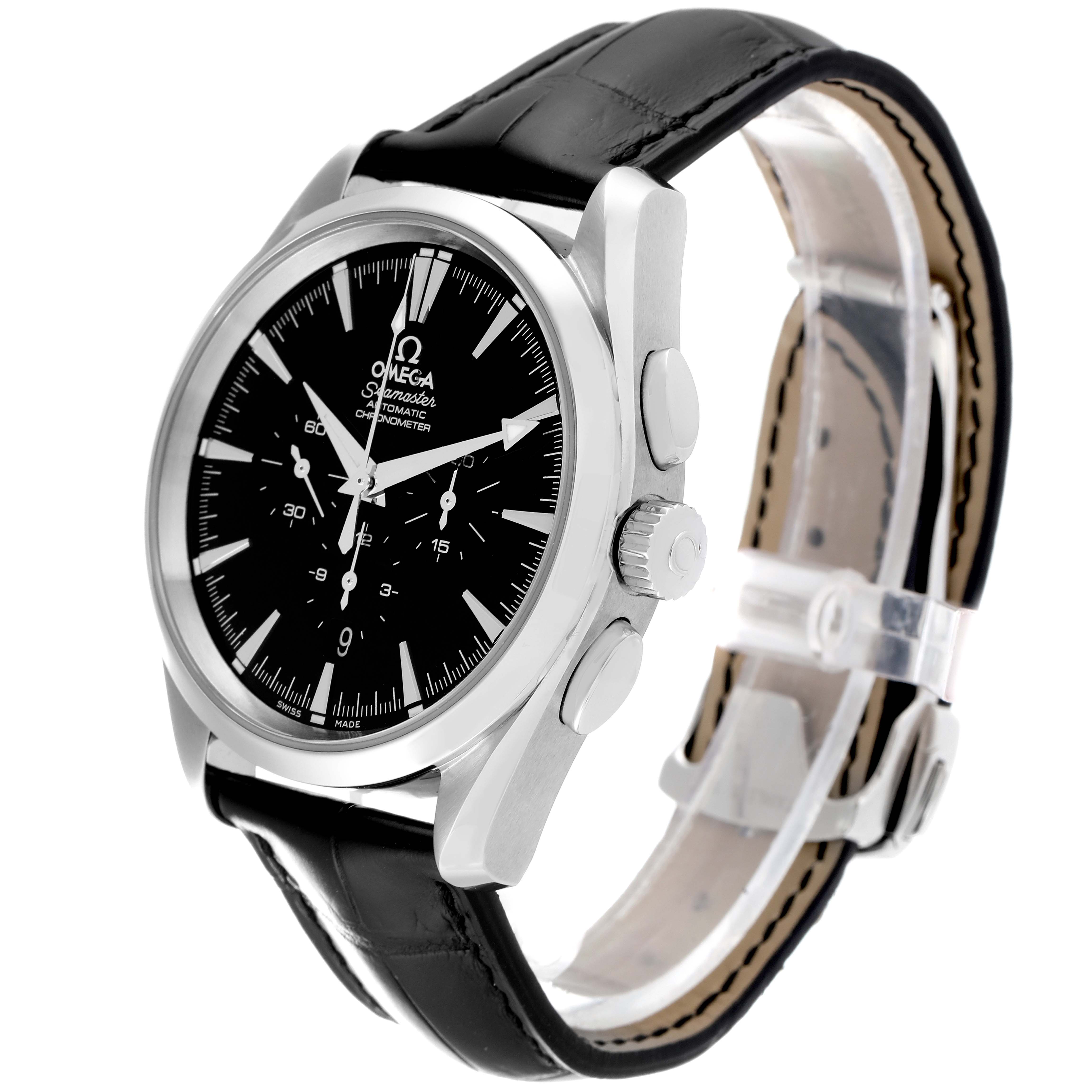 This Omega Aqua Terra 2812.50.37 Men's Stainless Steel Black Dial 2812.50.37 Men's Stainless Steel Black Dial model watch is shown at a three-quarter angle, featuring the dial, bezel, case, crown, pushers, and strap.