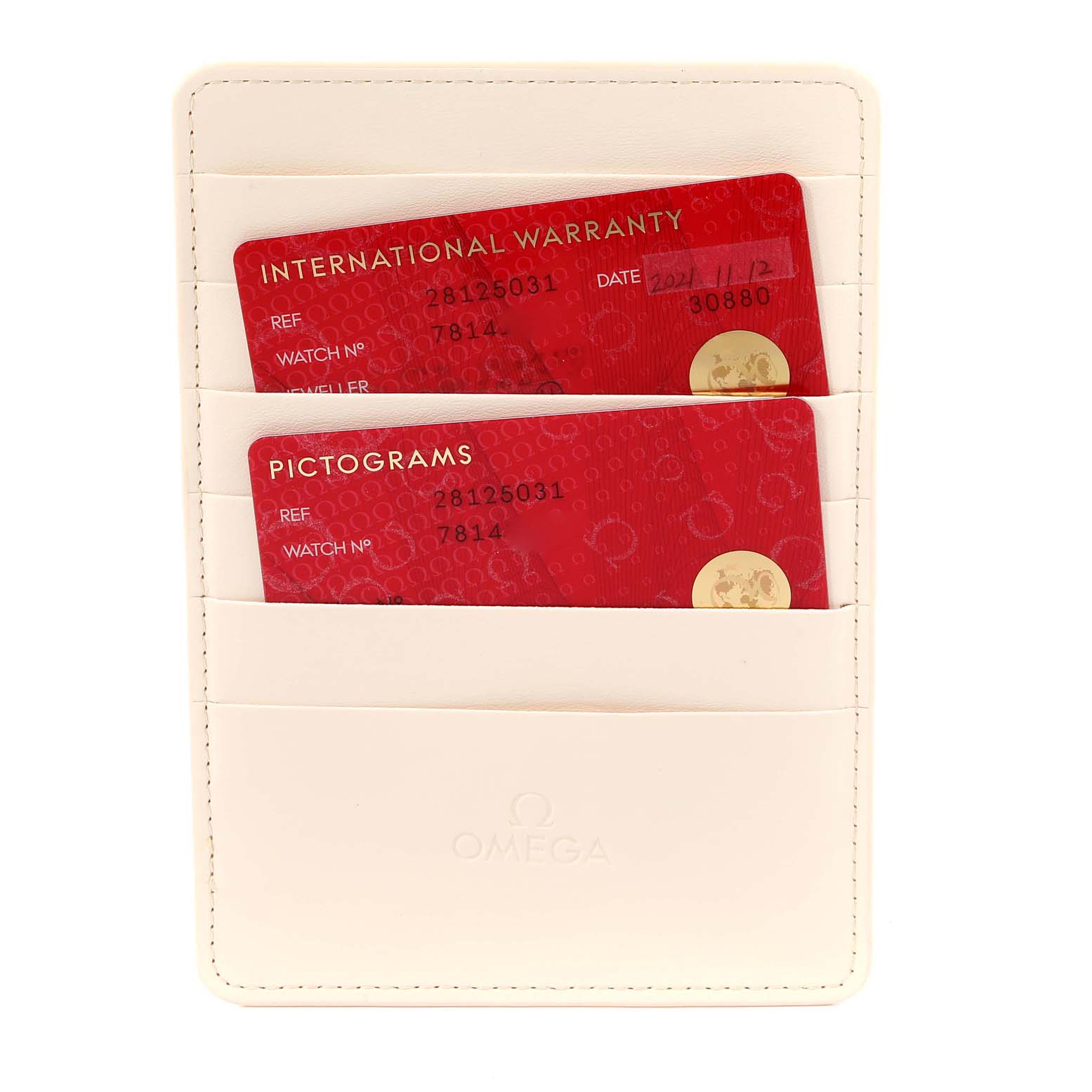 The image shows an Omega Aqua Terra 2812.50.37 Men's Stainless Steel Black Dial 2812.50.37 Men's Stainless Steel Black Dial model's warranty card and pictograms card in a beige cardholder.