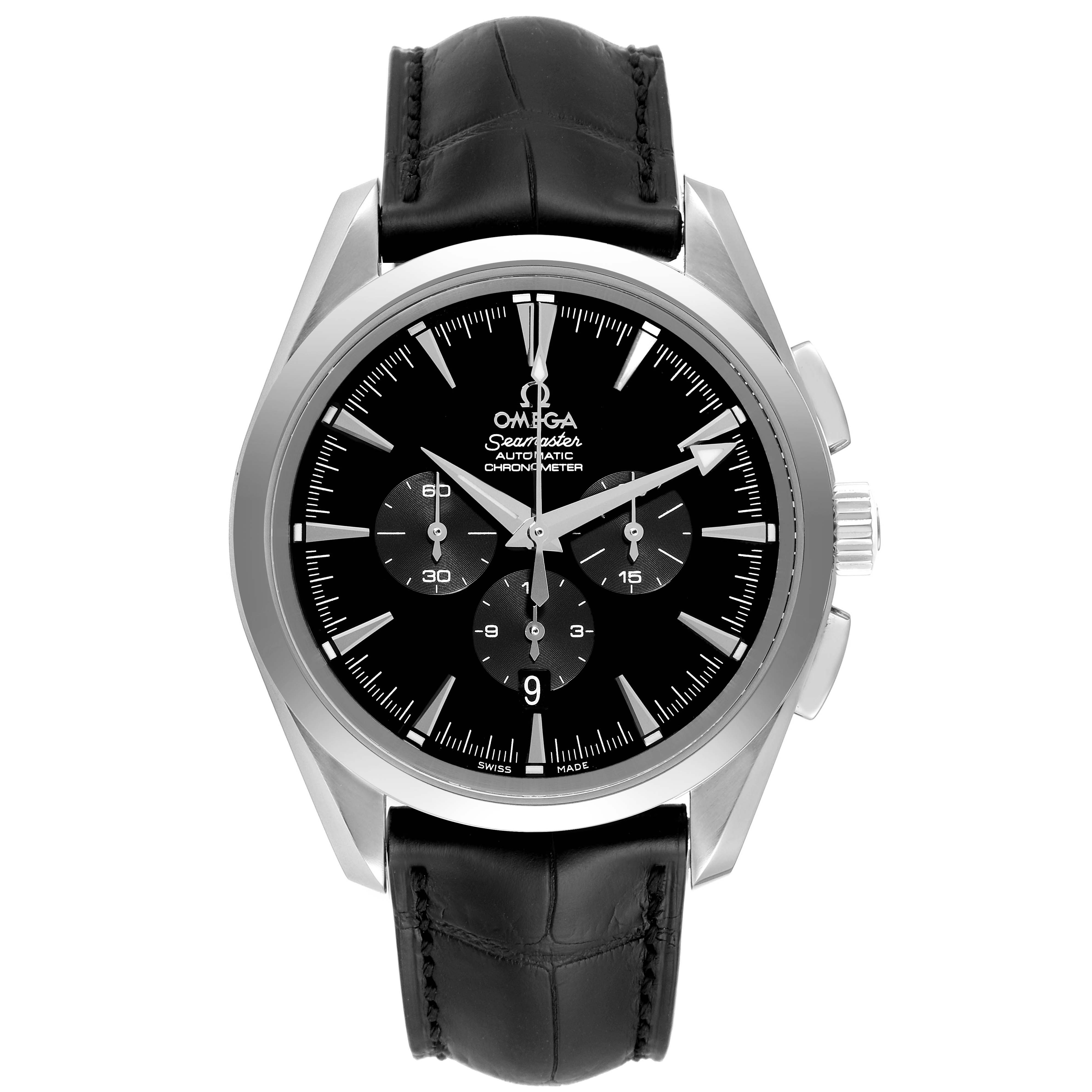 The image shows a front view of the Omega Aqua Terra 2812.50.37 Men's Stainless Steel Black Dial 2812.50.37 Men's Stainless Steel Black Dial watch, displaying its black dial, three subdials, and black leather strap.