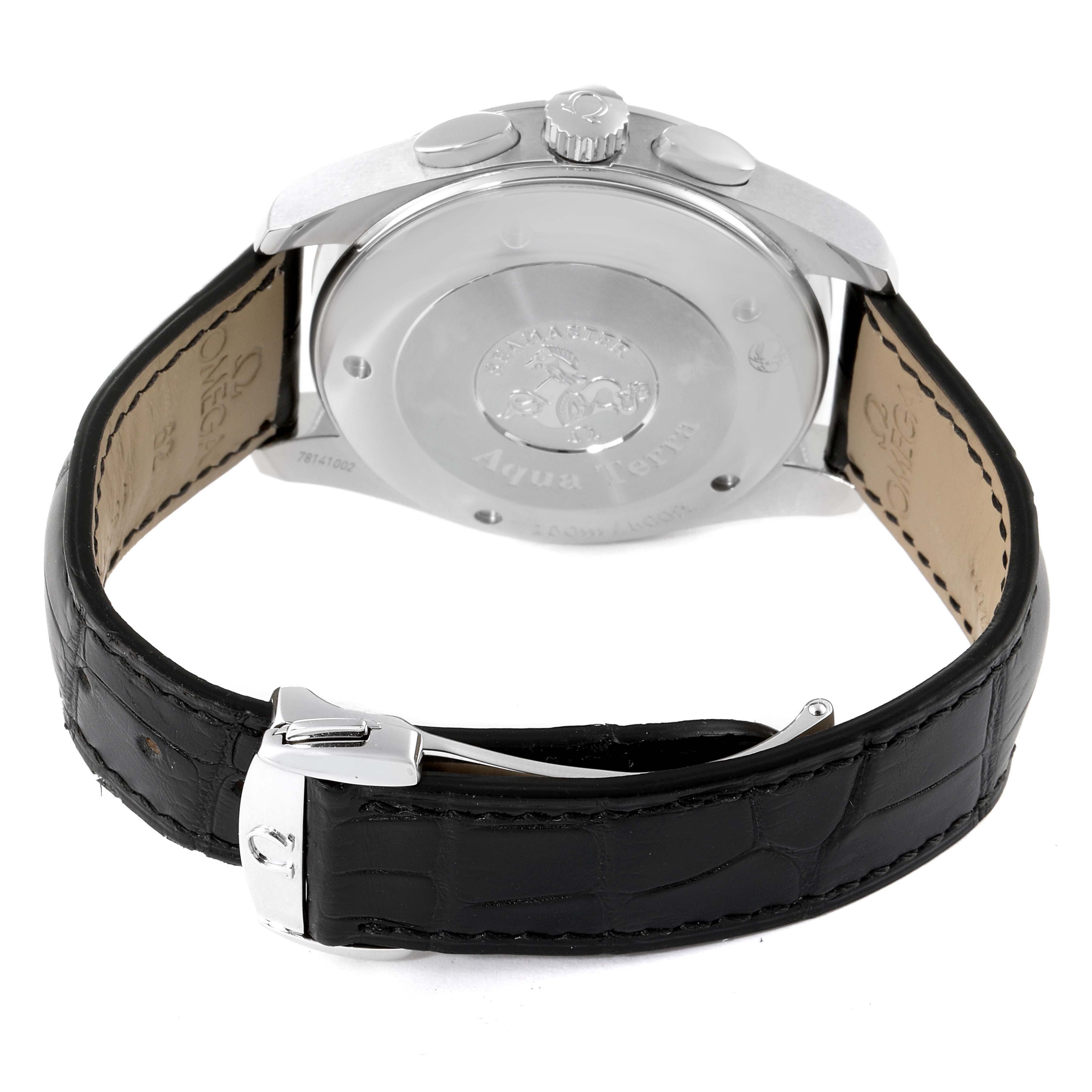 The image shows the back case and strap of an Omega Aqua Terra 2812.50.37 Men's Stainless Steel Black Dial 2812.50.37 Men's Stainless Steel Black Dial watch at an angled rear view.