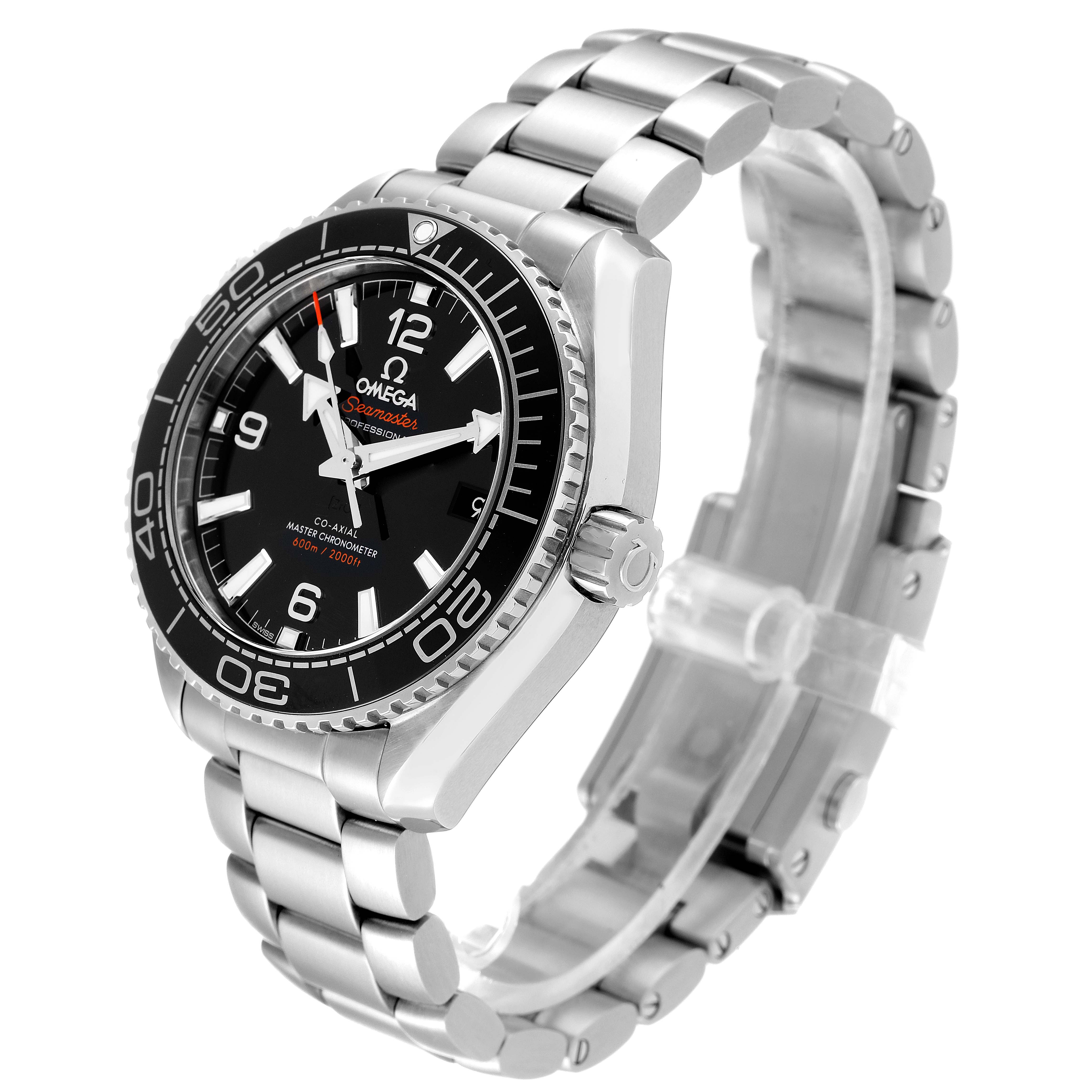 The image shows an angled view of an Omega Planet Ocean 215.30.40.20.01.001 Men
s Stainless Steel Black Dial 215.30.40.20.01.001 Men
s Stainless Steel Black Dial watch, highlighting its face, bezel, crown, and metal bracelet.