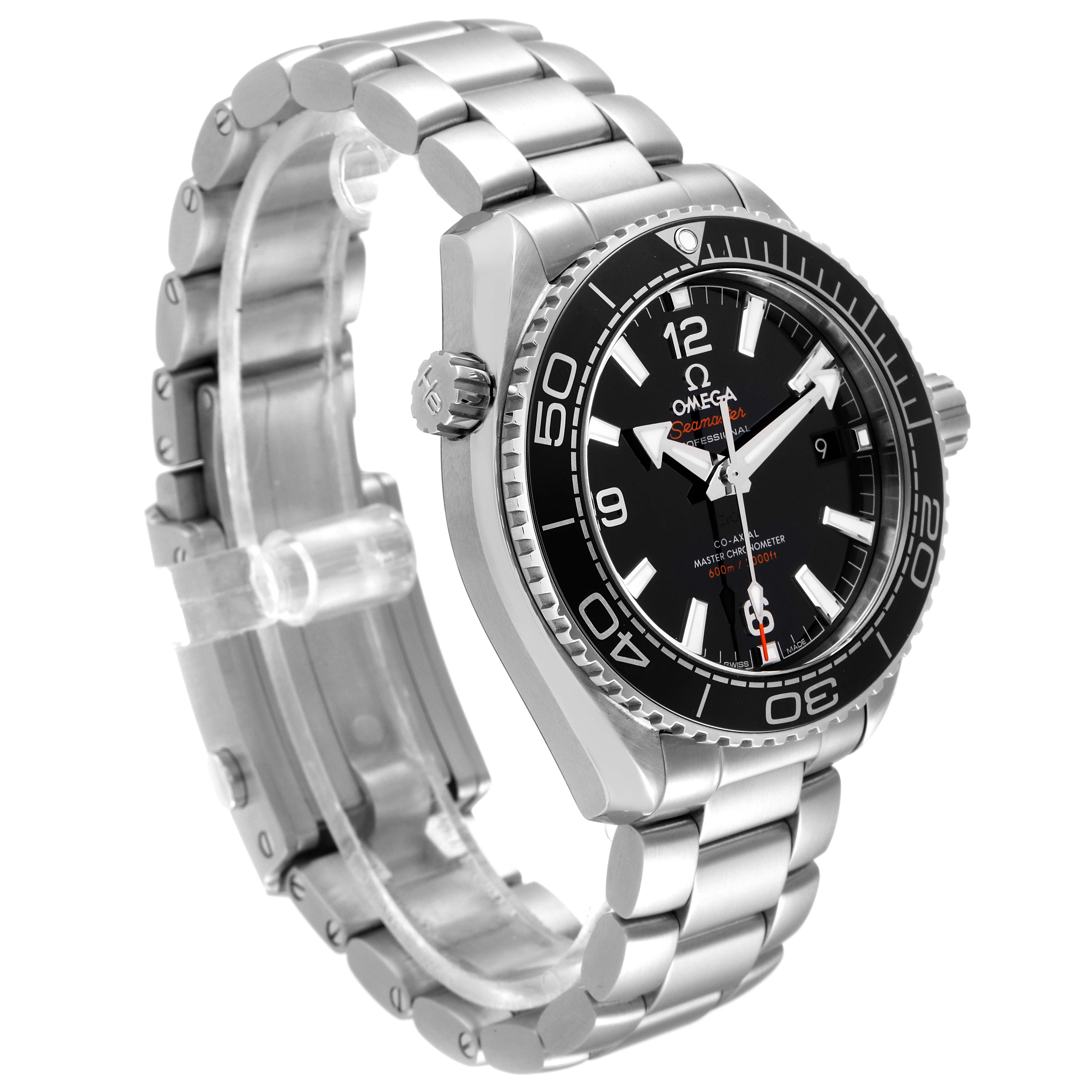 The image shows an angled view of the Omega Planet Ocean 215.30.40.20.01.001 Men
s Stainless Steel Black Dial 215.30.40.20.01.001 Men
s Stainless Steel Black Dial watch, highlighting its face, bezel, crown, and stainless steel bracelet.