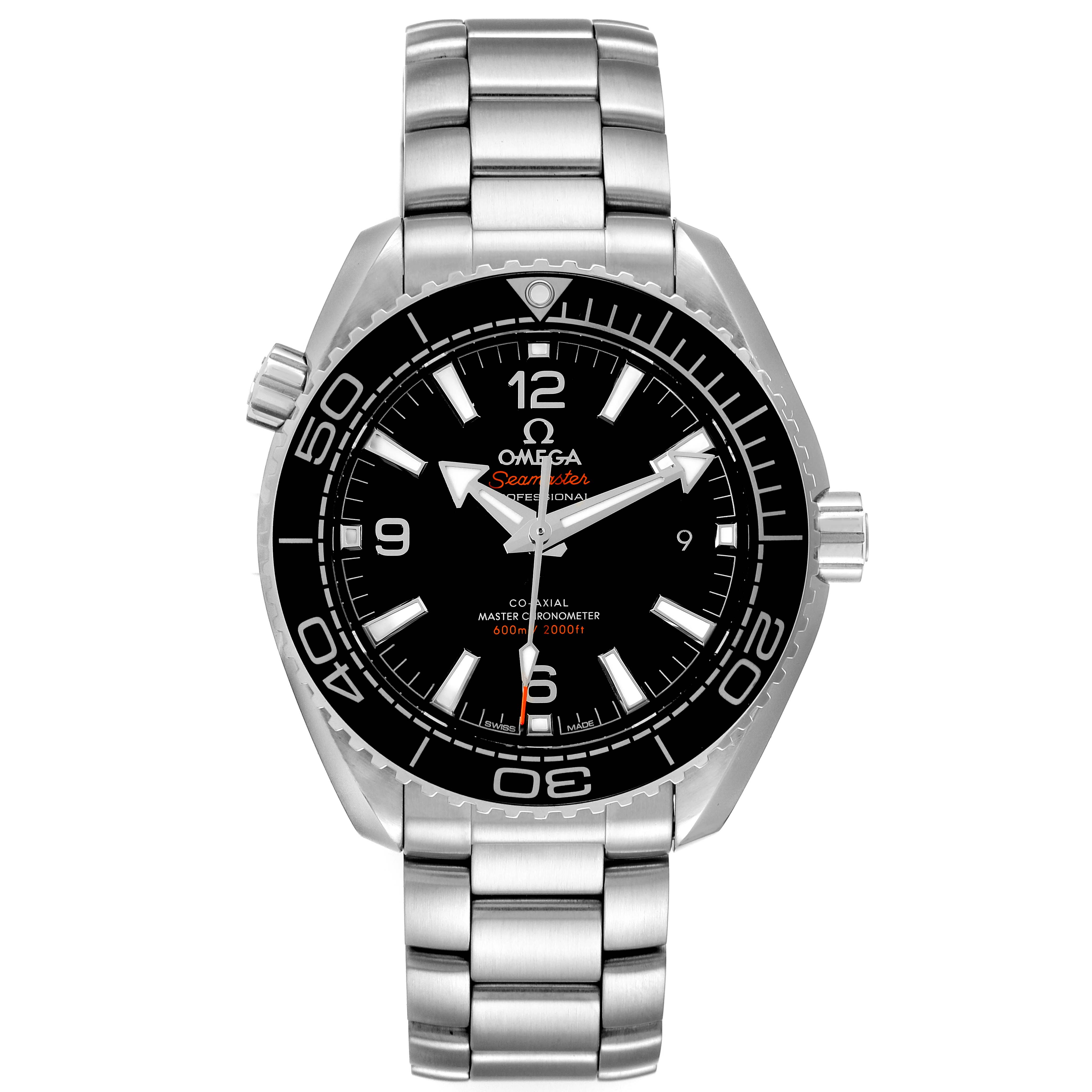 This image shows a front view of the Omega Planet Ocean 215.30.40.20.01.001 Men
s Stainless Steel Black Dial 215.30.40.20.01.001 Men
s Stainless Steel Black Dial model watch, displaying its face, bezel, and bracelet.
