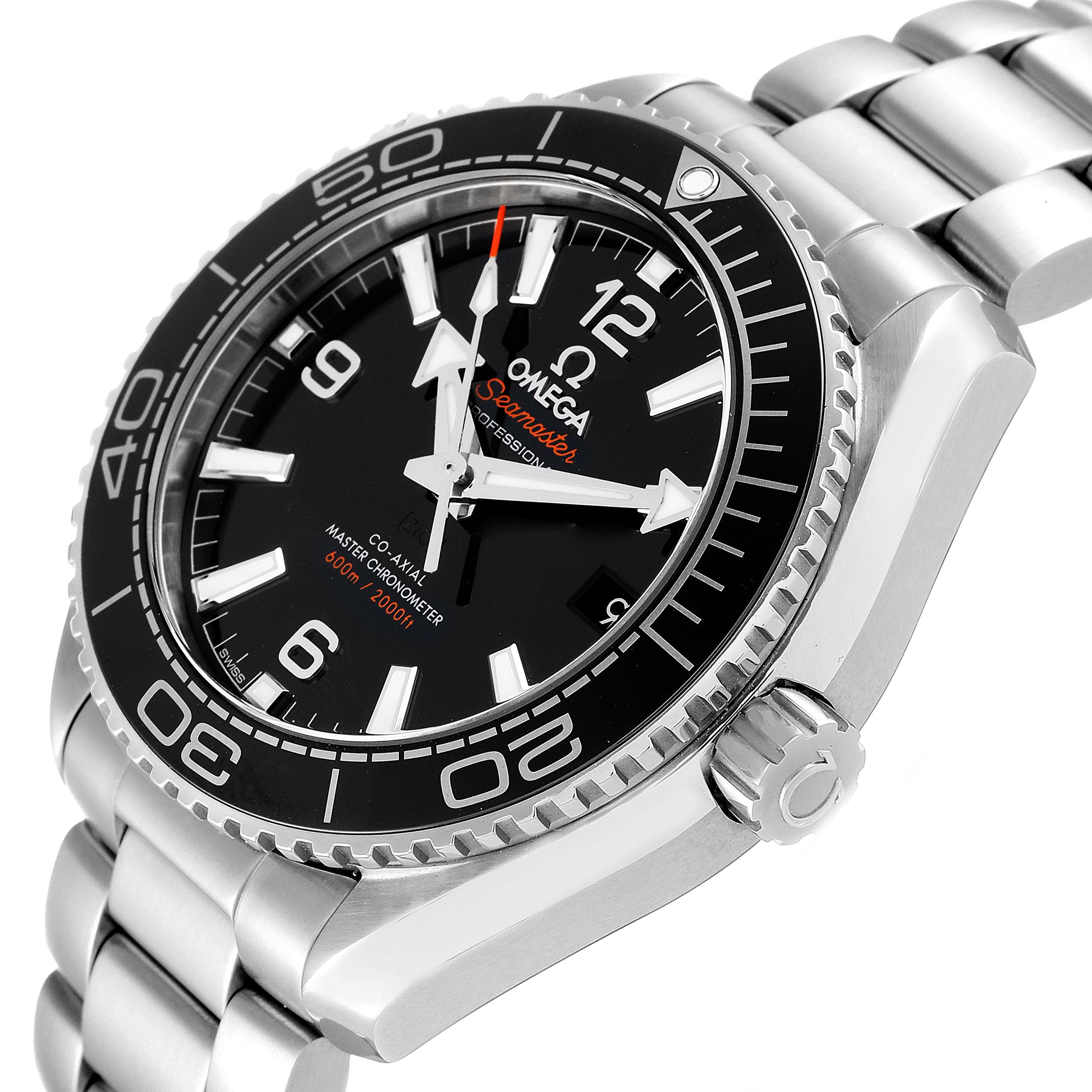 The image shows an angled view of the Omega Planet Ocean 215.30.40.20.01.001 Men
s Stainless Steel Black Dial 215.30.40.20.01.001 Men
s Stainless Steel Black Dial watch, highlighting its dial, bezel, and metal bracelet.