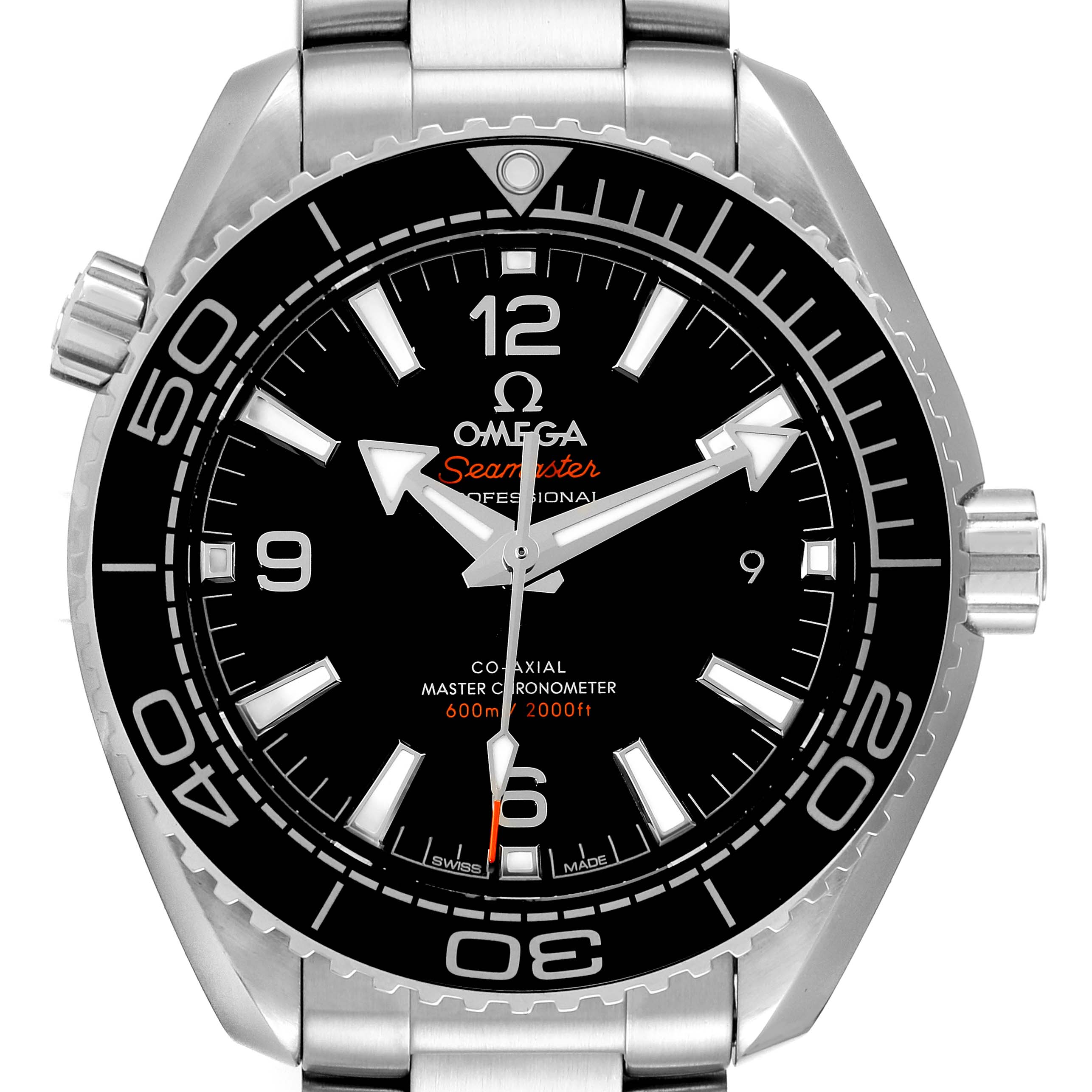 The image shows a frontal view of the Omega Planet Ocean 215.30.40.20.01.001 Men
s Stainless Steel Black Dial 215.30.40.20.01.001 Men
s Stainless Steel Black Dial Seamaster watch, highlighting its dial, bezel, and bracelet.