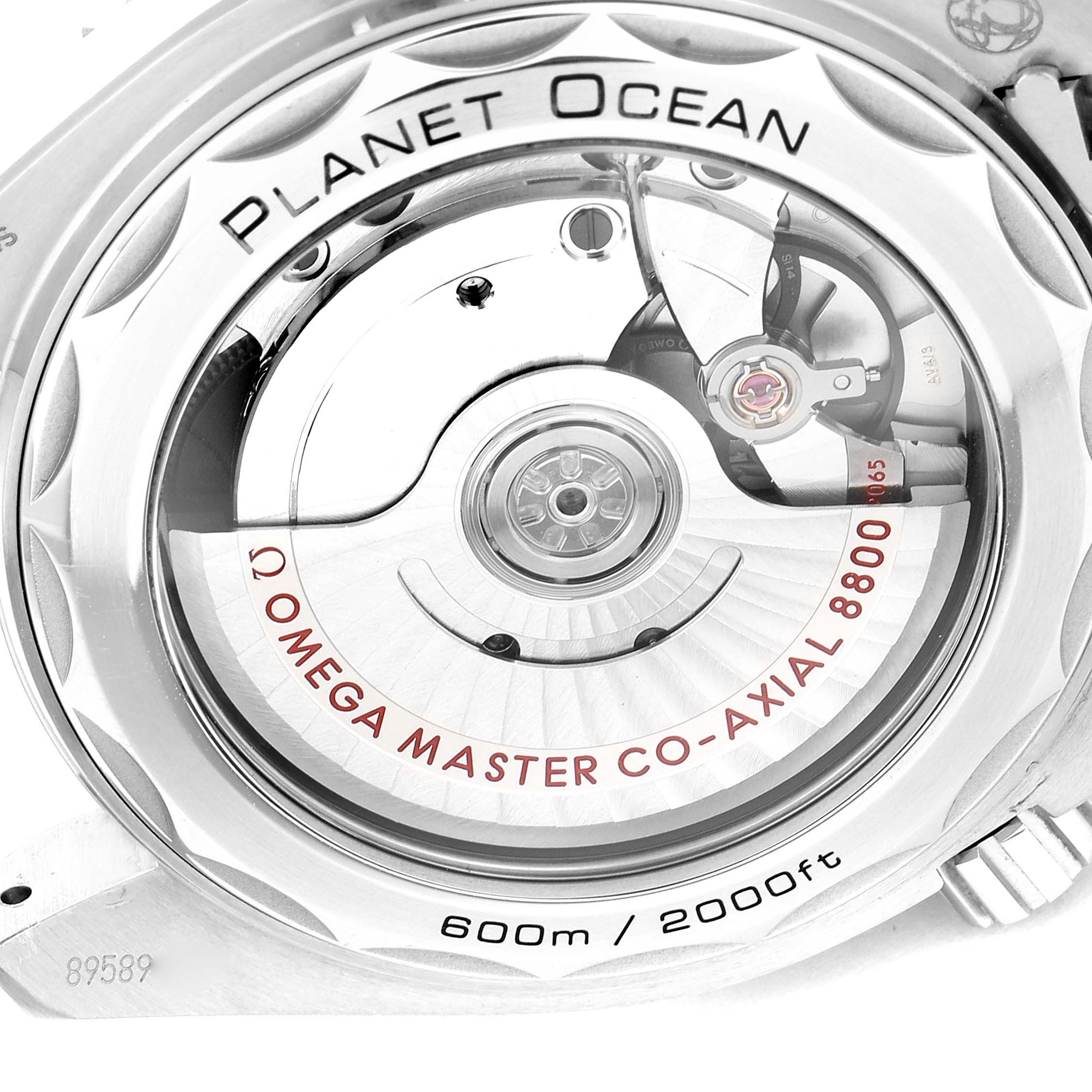 This image shows the back of the Omega Planet Ocean 215.30.40.20.01.001 Men
s Stainless Steel Black Dial 215.30.40.20.01.001 Men
s Stainless Steel Black Dial watch, highlighting its movement mechanism and water resistance.