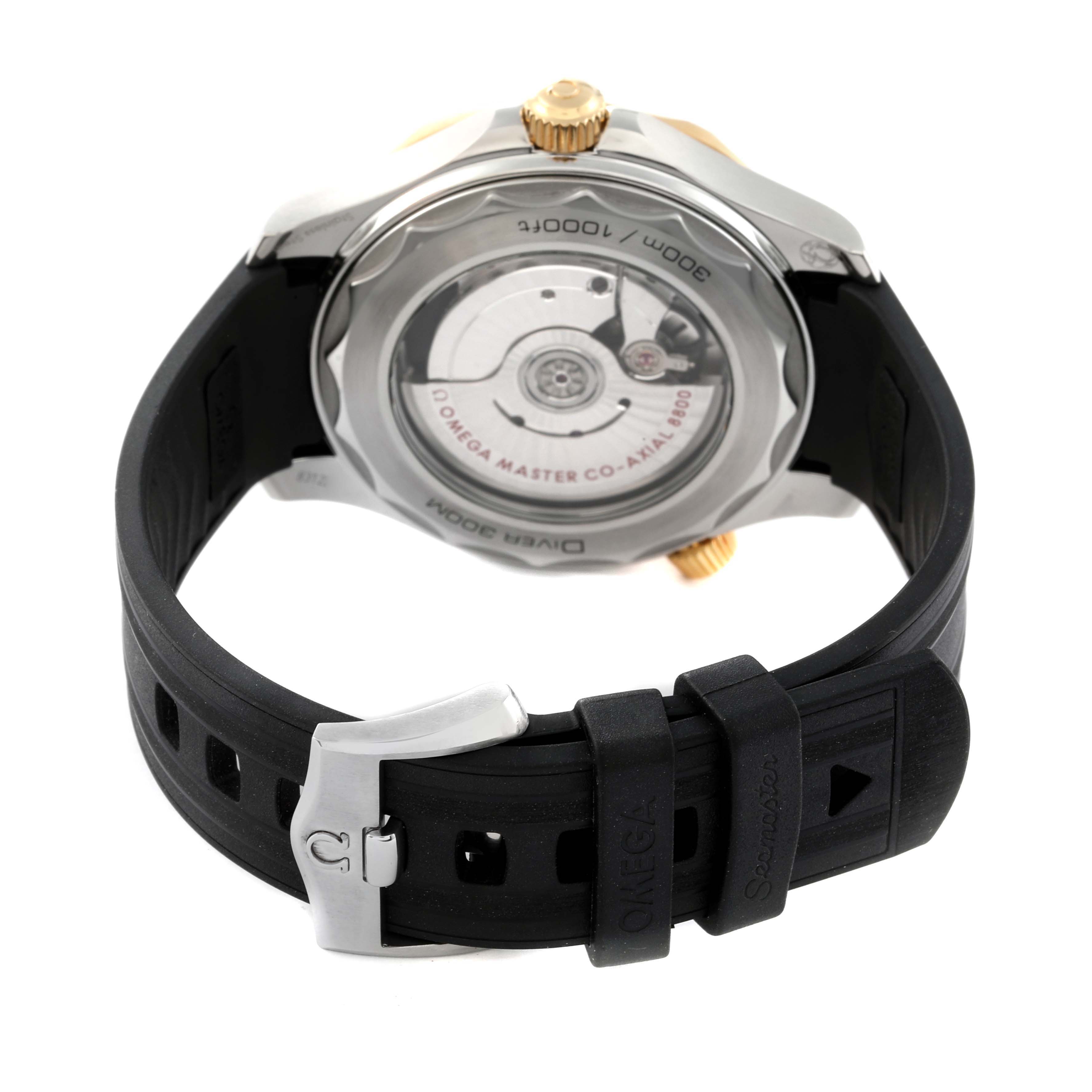 The image shows the back view of an Omega Seamaster 210.22.42.20.01.001 Men's Stainless Steel Black Dial 210.22.42.20.01.001 Men's Stainless Steel Black Dial watch, highlighting its rotating mechanism and black strap with a buckle.