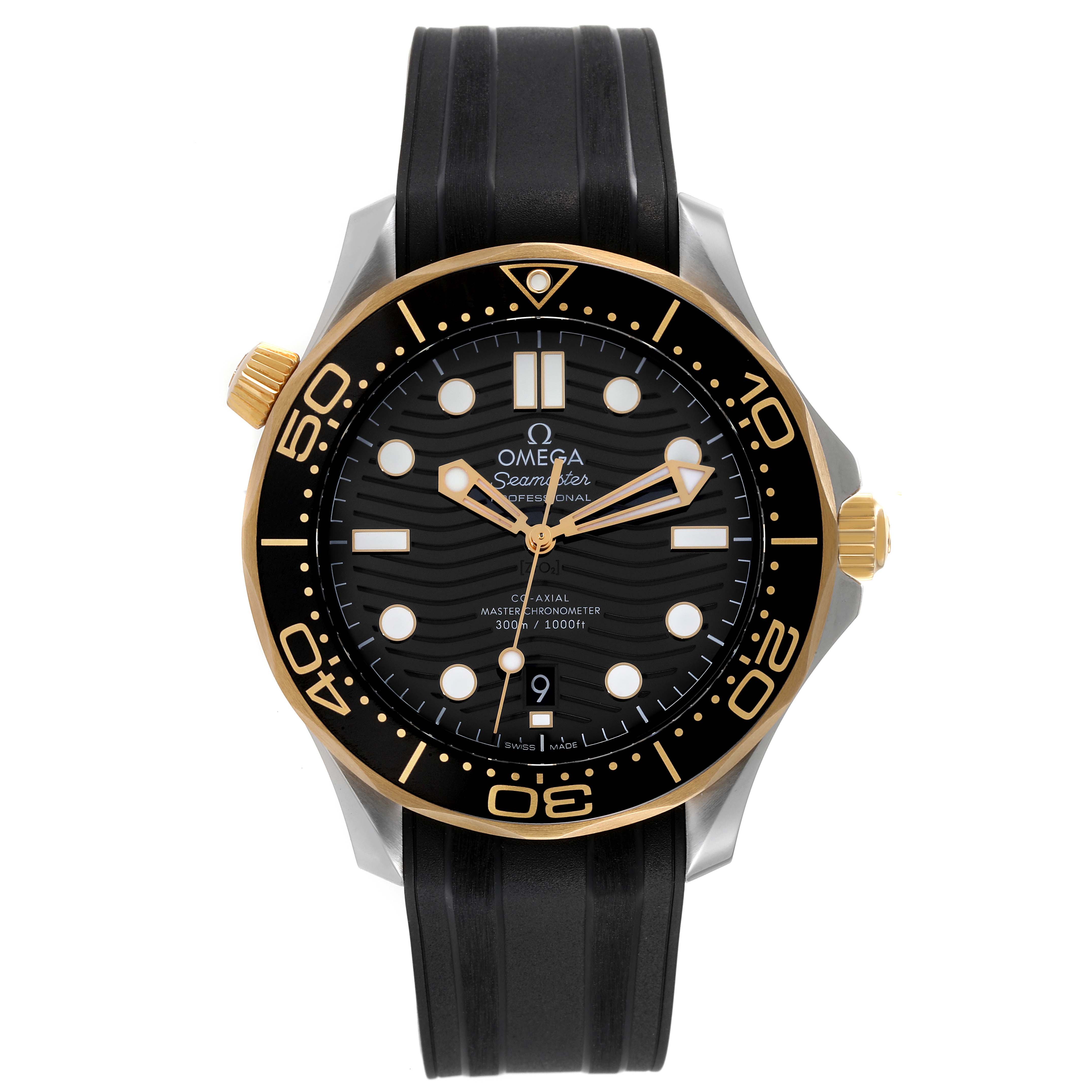The image shows the front view of an Omega Seamaster 210.22.42.20.01.001 Men's Stainless Steel Black Dial 210.22.42.20.01.001 Men's Stainless Steel Black Dial watch with a black dial and gold-accented bezel on a black rubber strap.