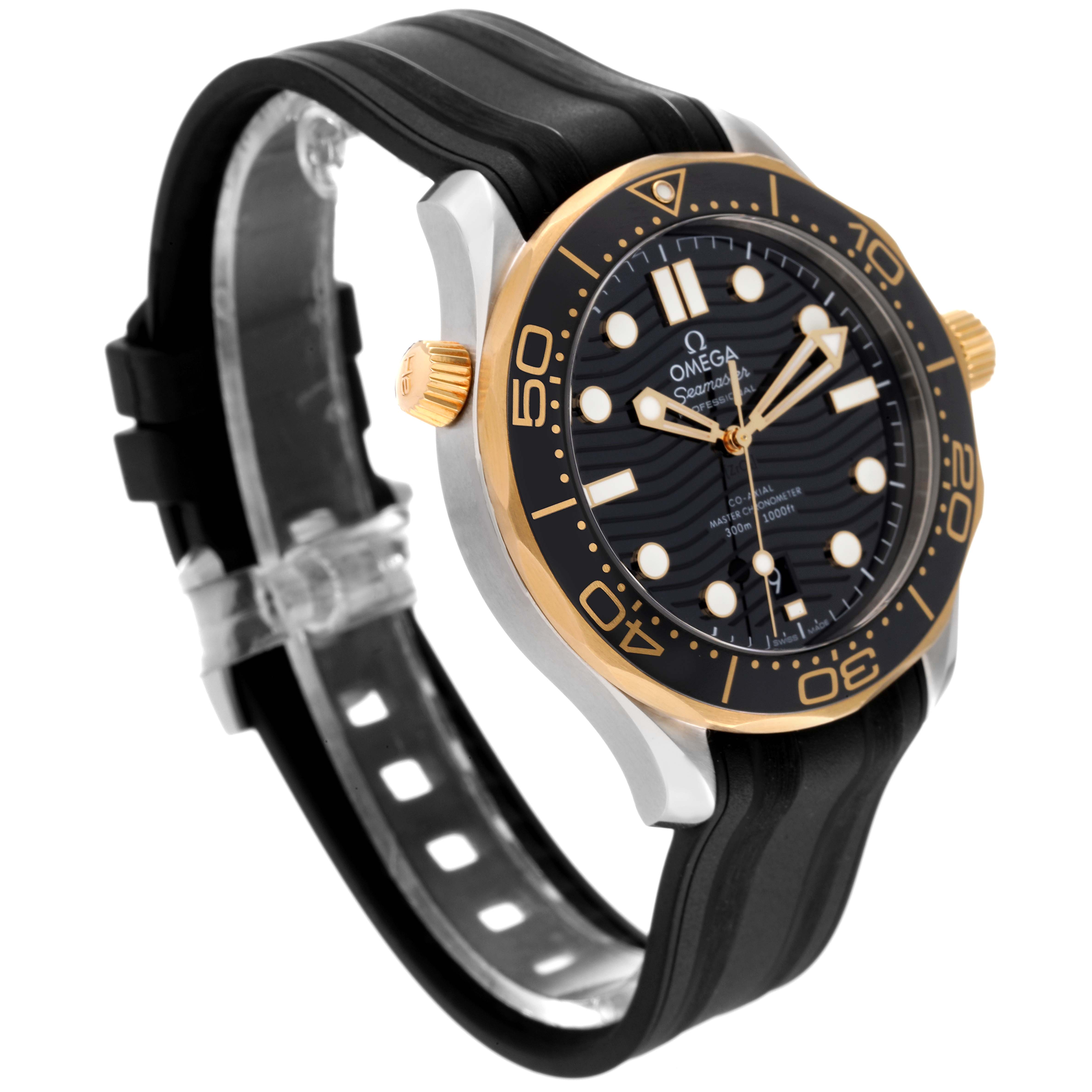 The Omega Seamaster 210.22.42.20.01.001 Men's Stainless Steel Black Dial 210.22.42.20.01.001 Men's Stainless Steel Black Dial watch is shown from a front-left angle, highlighting its black and gold bezel, crown, and black strap.