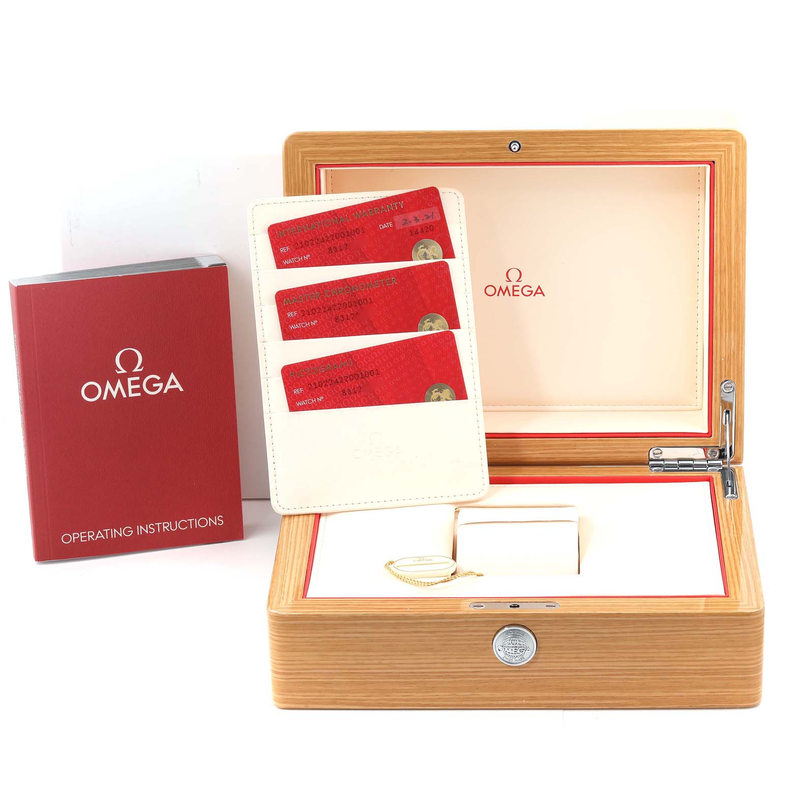 The image shows the Omega Seamaster 210.22.42.20.01.001 Men's Stainless Steel Black Dial 210.22.42.20.01.001 Men's Stainless Steel Black Dial box, operating instructions, warranty cards, and accessories from a front angle.