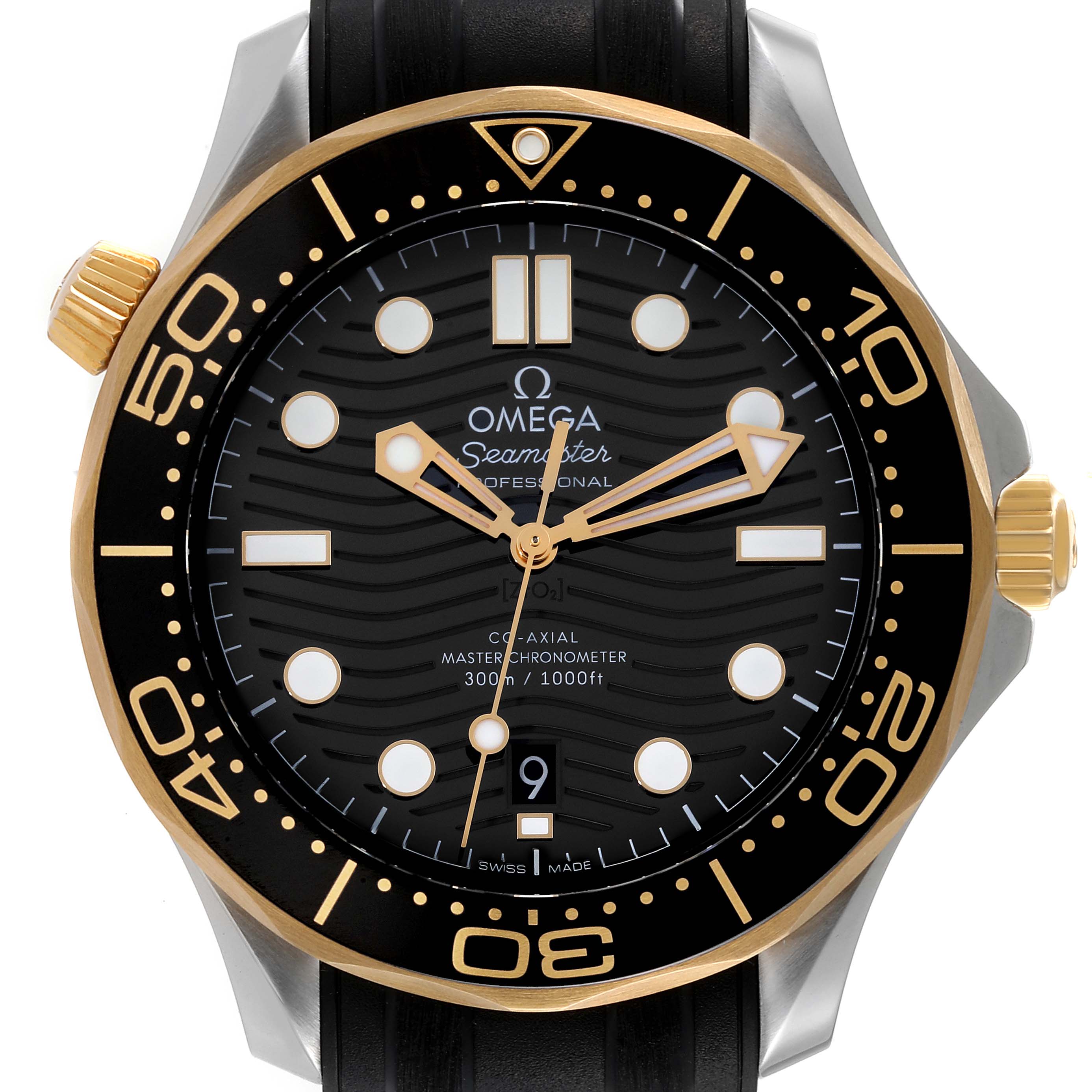 The image shows a frontal view of an Omega Seamaster 210.22.42.20.01.001 Men's Stainless Steel Black Dial 210.22.42.20.01.001 Men's Stainless Steel Black Dial watch, highlighting the dial, bezel, hands, and crown.