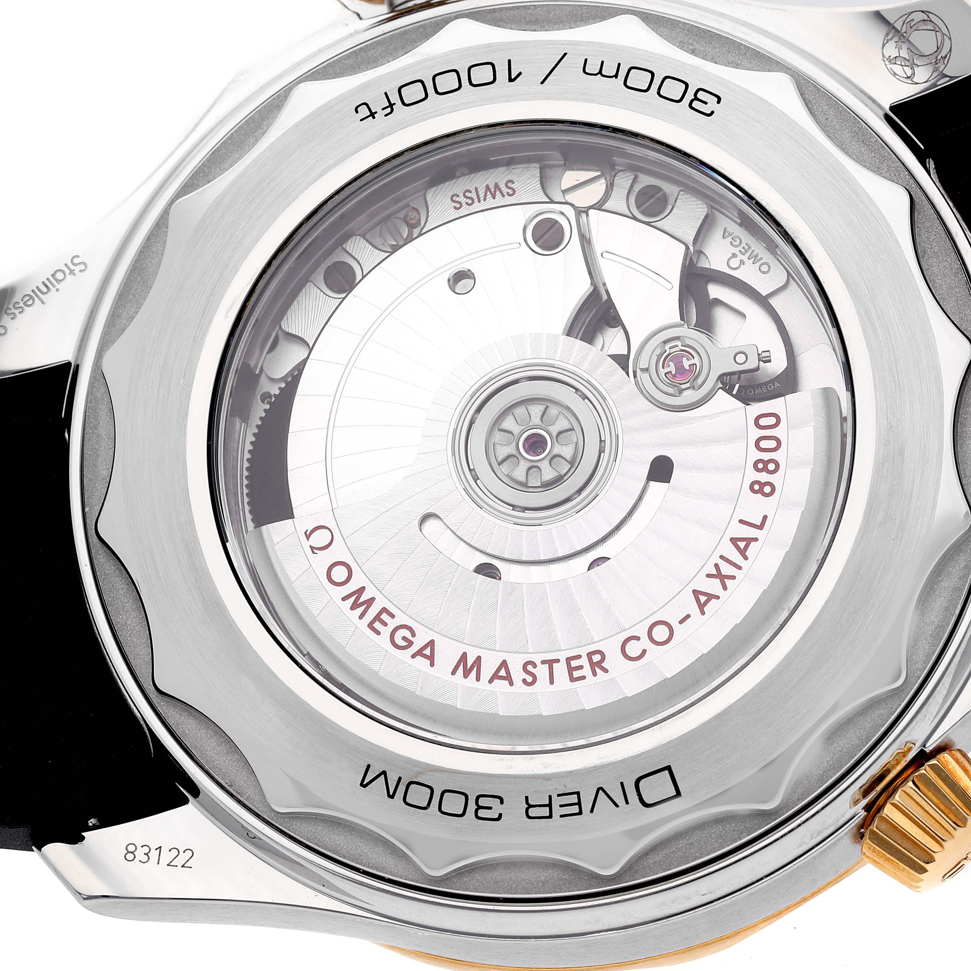 This image shows the back case of an Omega Seamaster 210.22.42.20.01.001 Men's Stainless Steel Black Dial 210.22.42.20.01.001 Men's Stainless Steel Black Dial watch, displaying its internal movement and specifications.