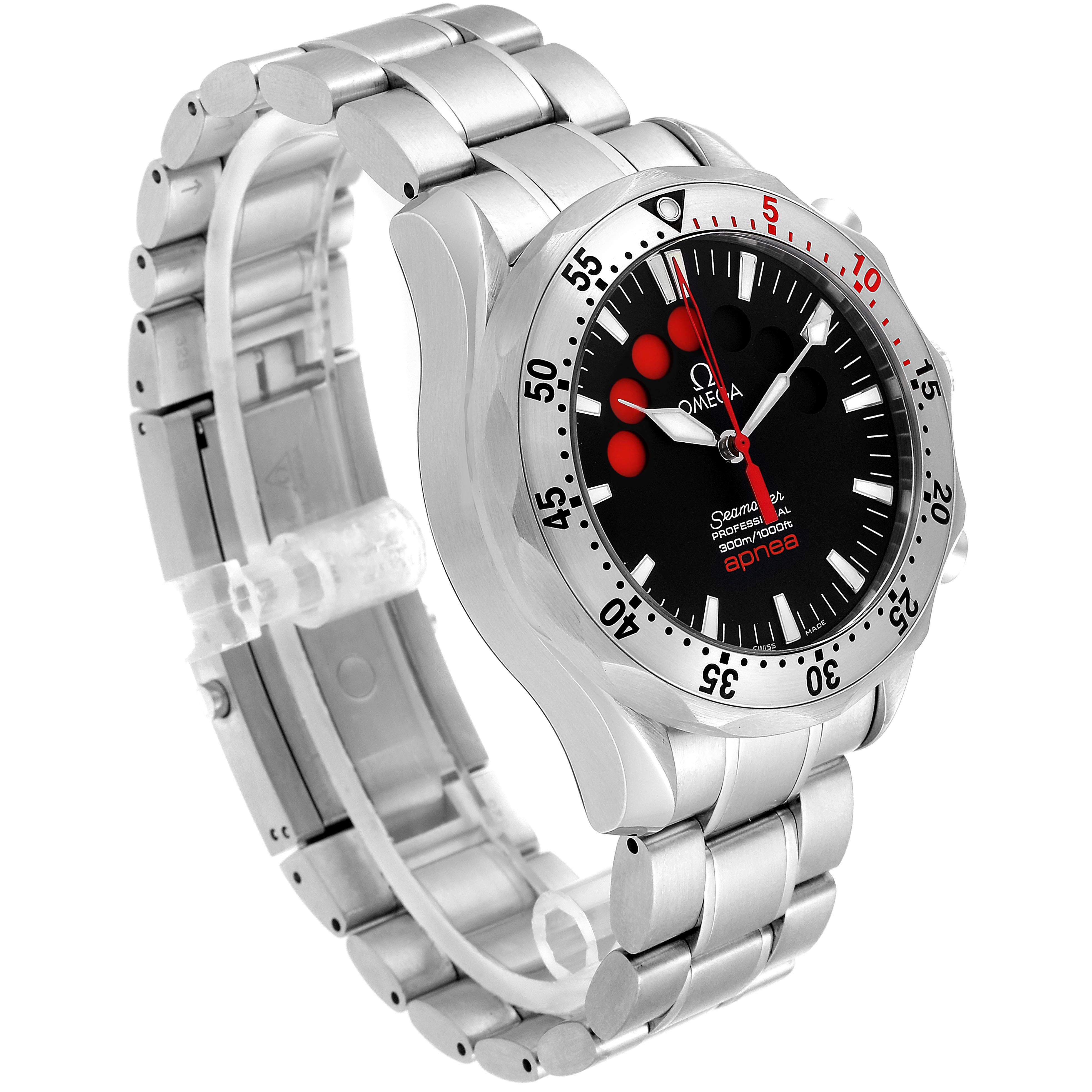The image shows an Omega Seamaster 2595.50.00 Men's Stainless Steel Black Dial 2595.50.00 Men's Stainless Steel Black Dial watch at an angle highlighting its face, bezel, bracelet, and clasp.