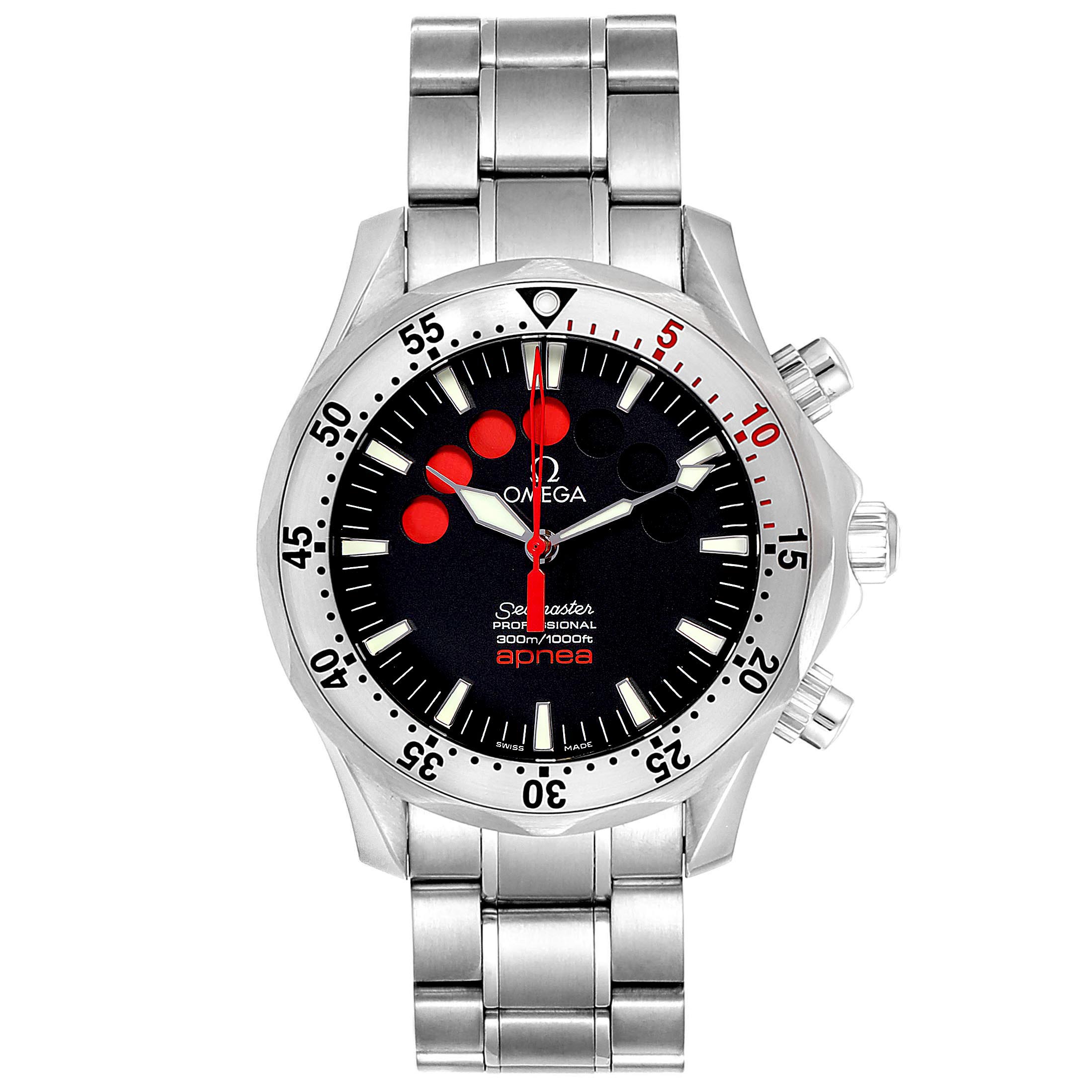 The image shows a front view of the Omega Seamaster 2595.50.00 Men's Stainless Steel Black Dial 2595.50.00 Men's Stainless Steel Black Dial watch, displaying its face, bezel, crown, and stainless steel bracelet.