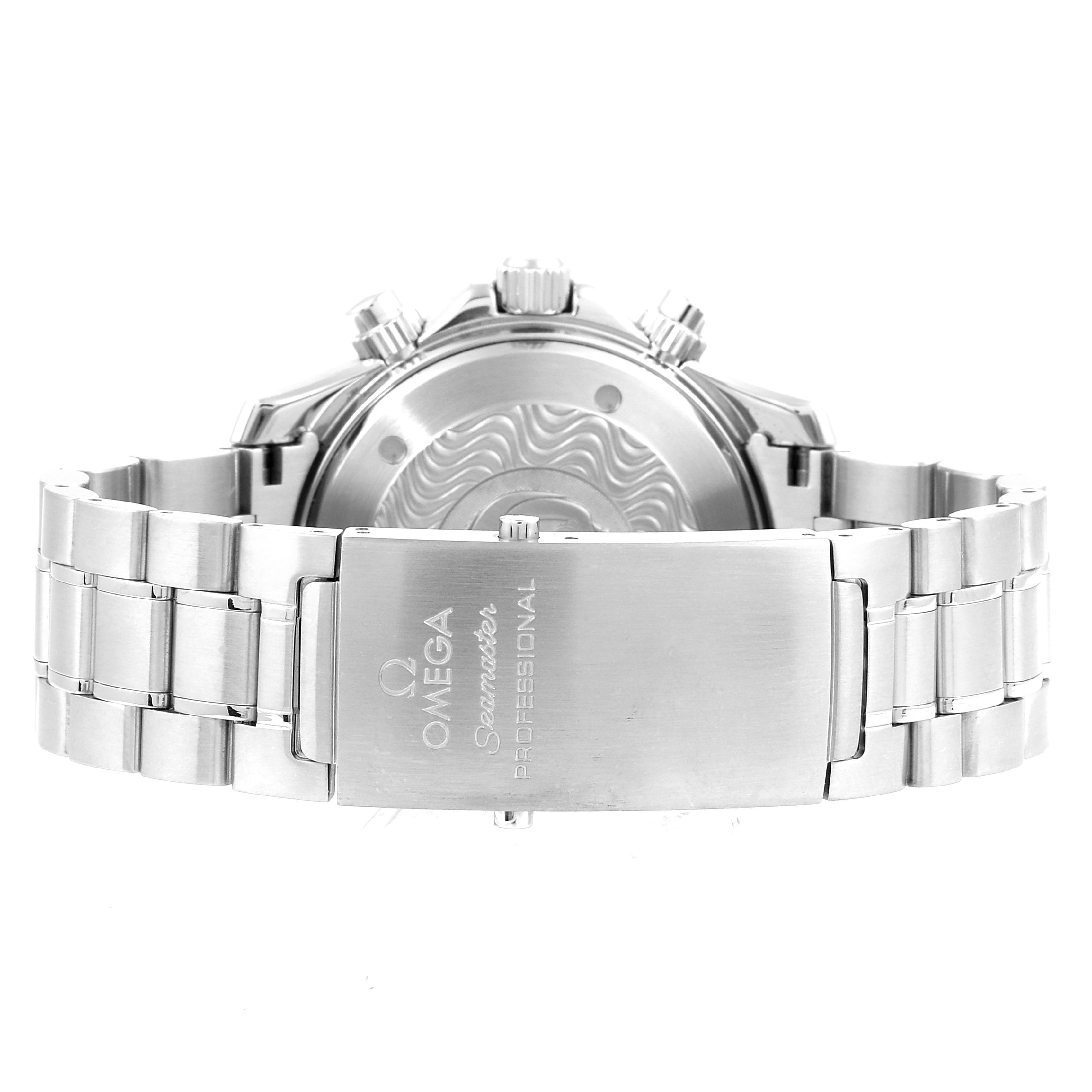 The image shows the back and clasp of an Omega Seamaster 2595.50.00 Men's Stainless Steel Black Dial 2595.50.00 Men's Stainless Steel Black Dial watch, highlighting the bracelet and case back.