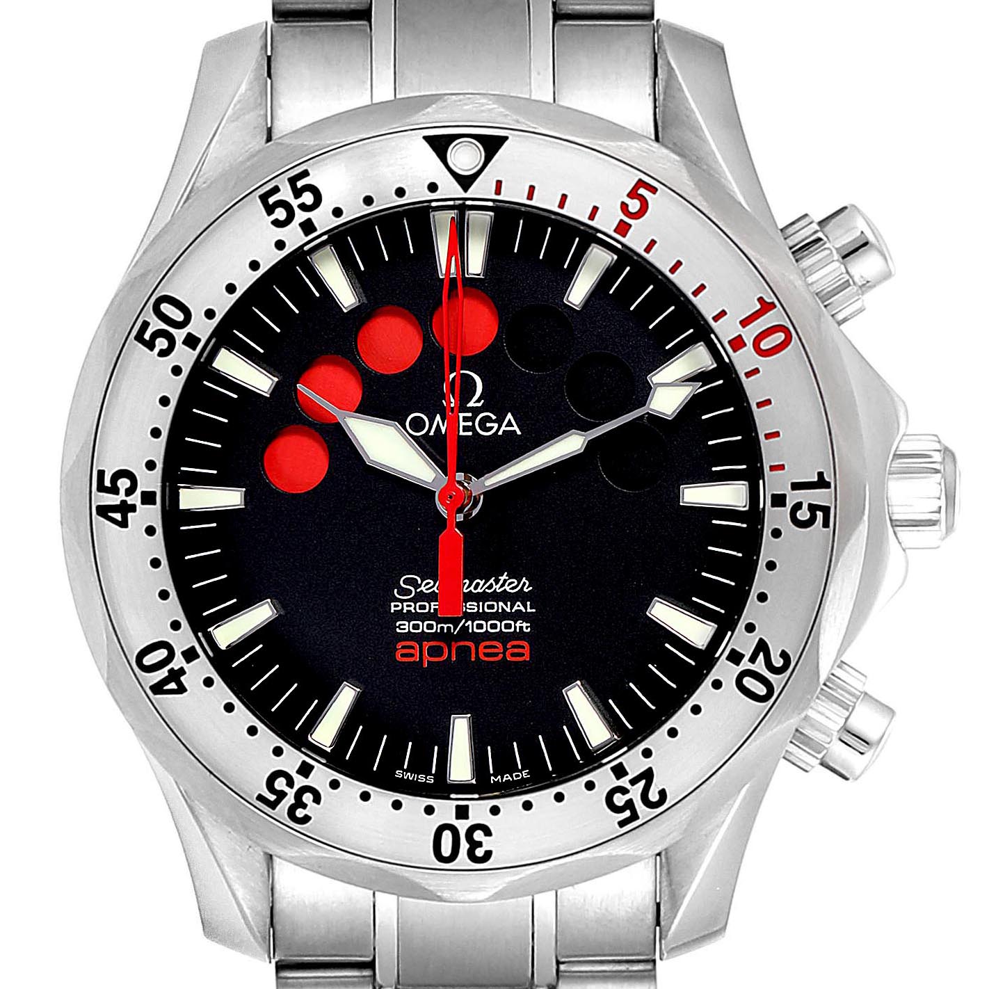 The image shows a front view of an Omega Seamaster 2595.50.00 Men's Stainless Steel Black Dial 2595.50.00 Men's Stainless Steel Black Dial Apnea watch, displaying the dial and bezel clearly.