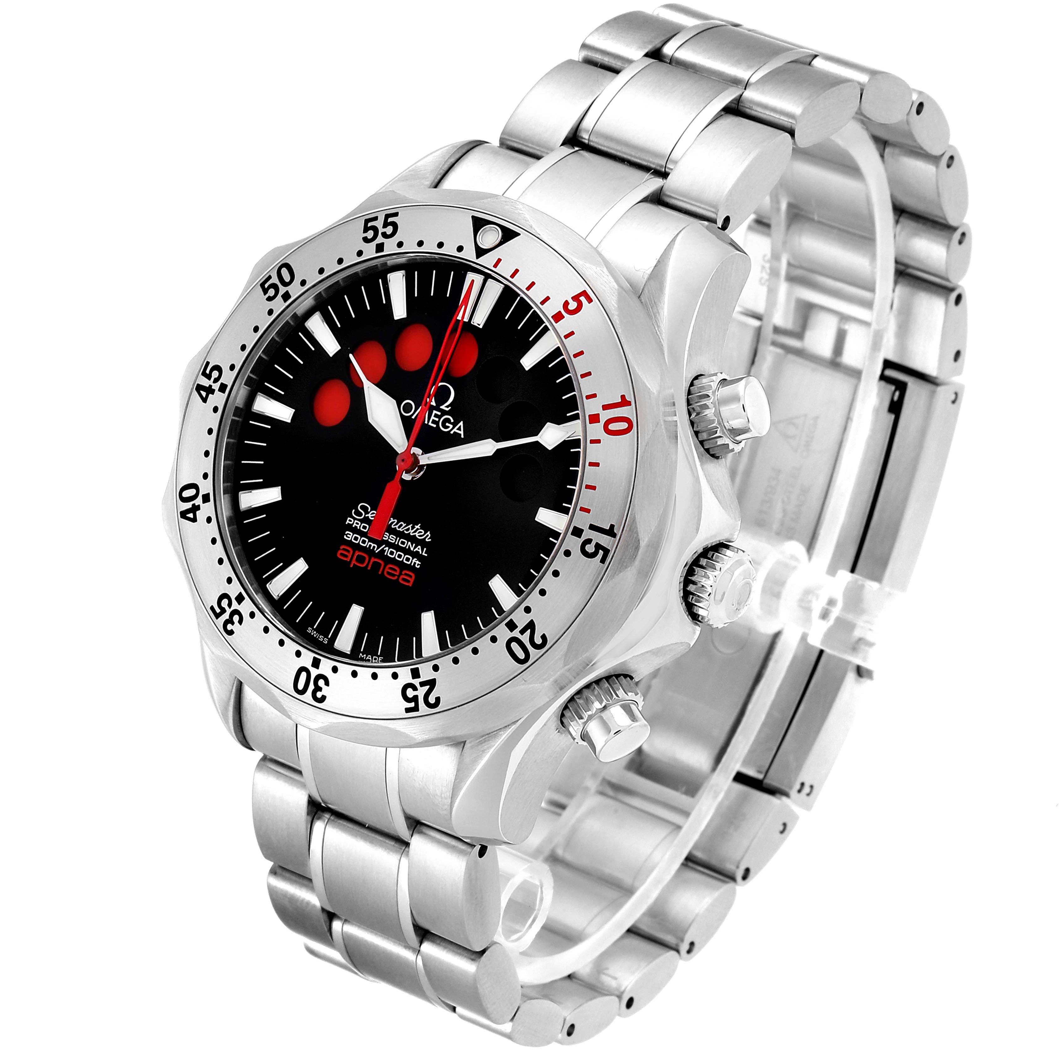 The Omega Seamaster 2595.50.00 Men's Stainless Steel Black Dial 2595.50.00 Men's Stainless Steel Black Dial watch is shown at a front-left angle, highlighting the dial, bezel, case, and stainless steel bracelet.