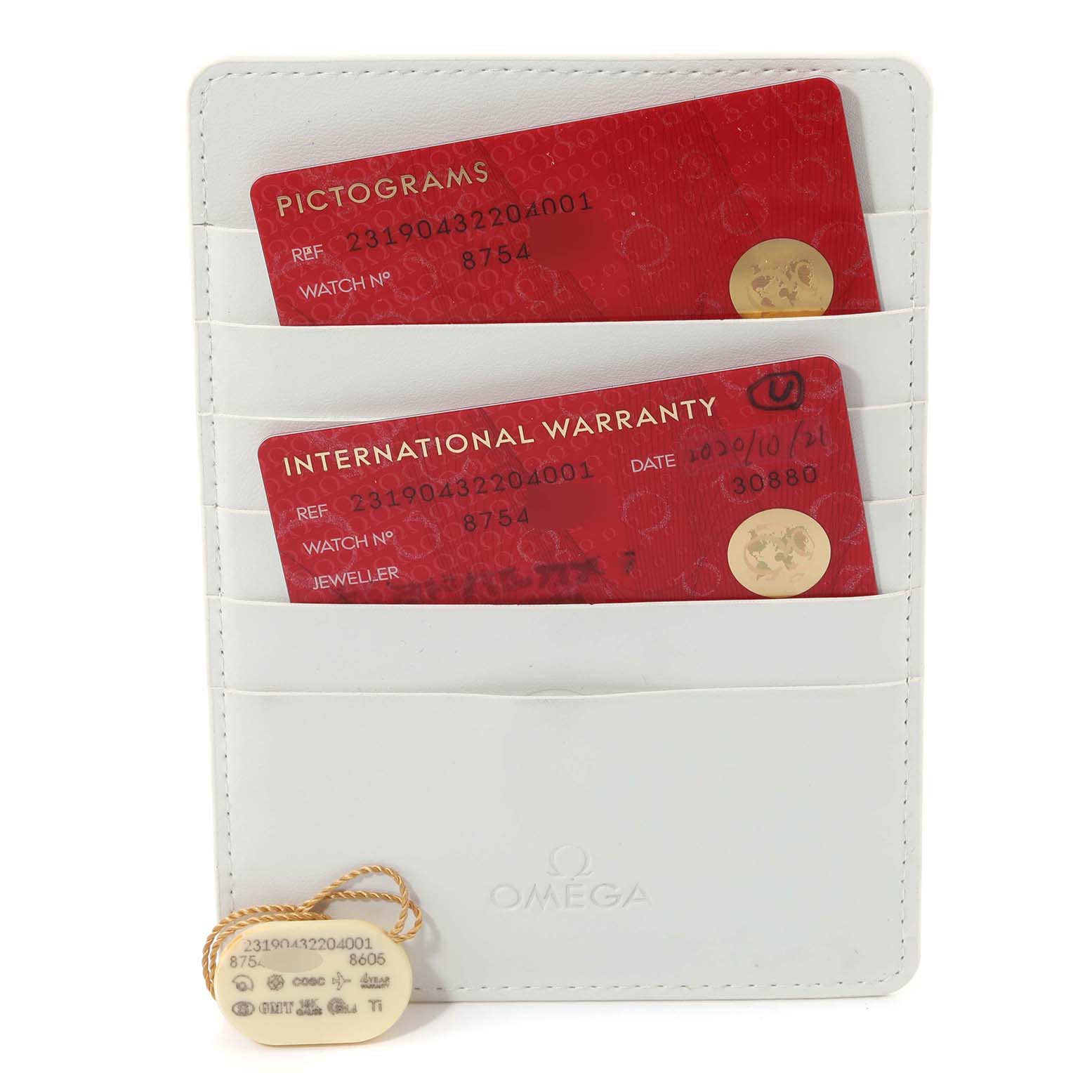 The image shows Omega Aqua Terra 231.90.43.22.04.001 Men's Stainless Steel White Dial 231.90.43.22.04.001 Men's Stainless Steel White Dial model warranty cards and a white Omega cardholder.