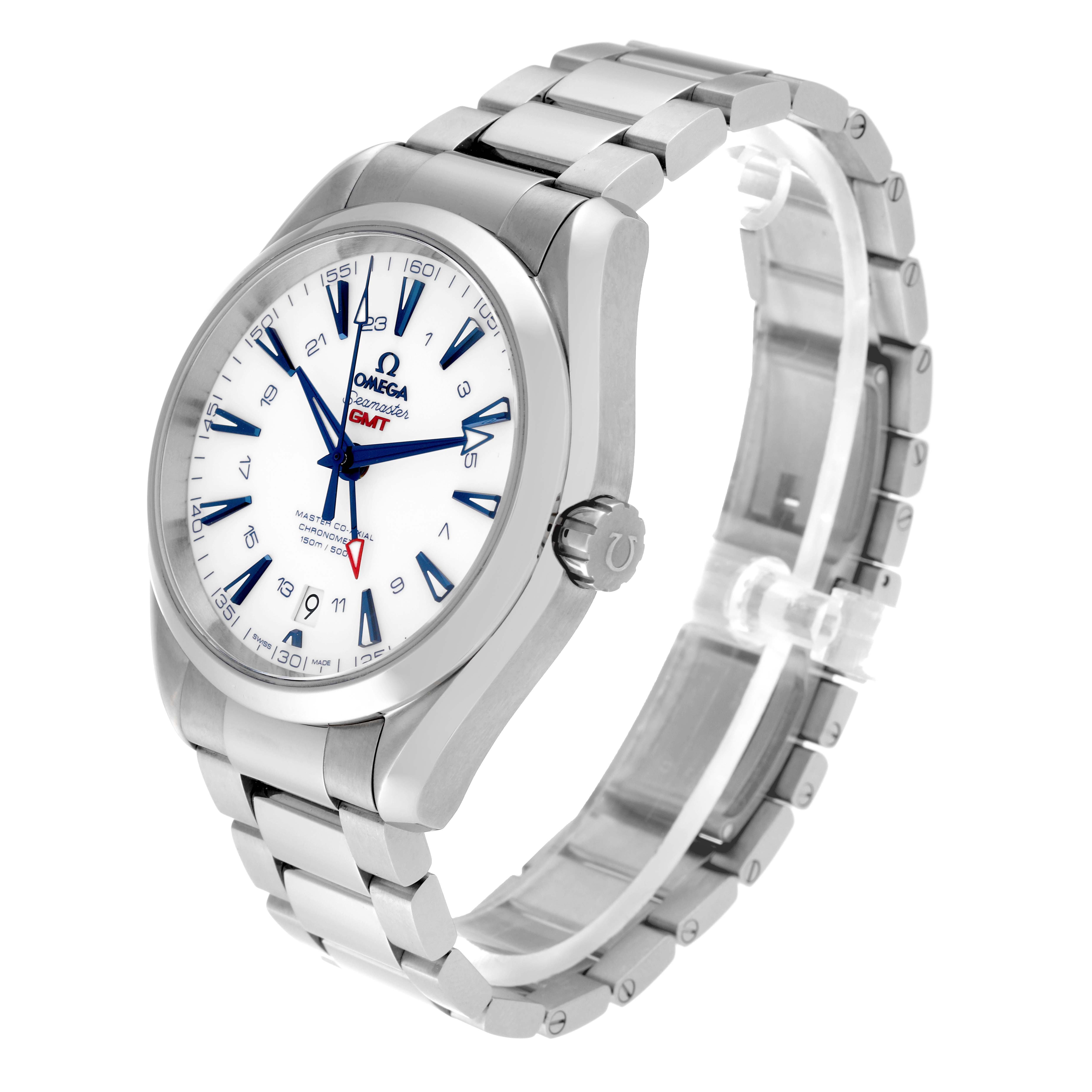 The Omega Aqua Terra 231.90.43.22.04.001 Men's Stainless Steel White Dial 231.90.43.22.04.001 Men's Stainless Steel White Dial watch is shown at an angled side view, displaying its face, bezel, crown, and bracelet.