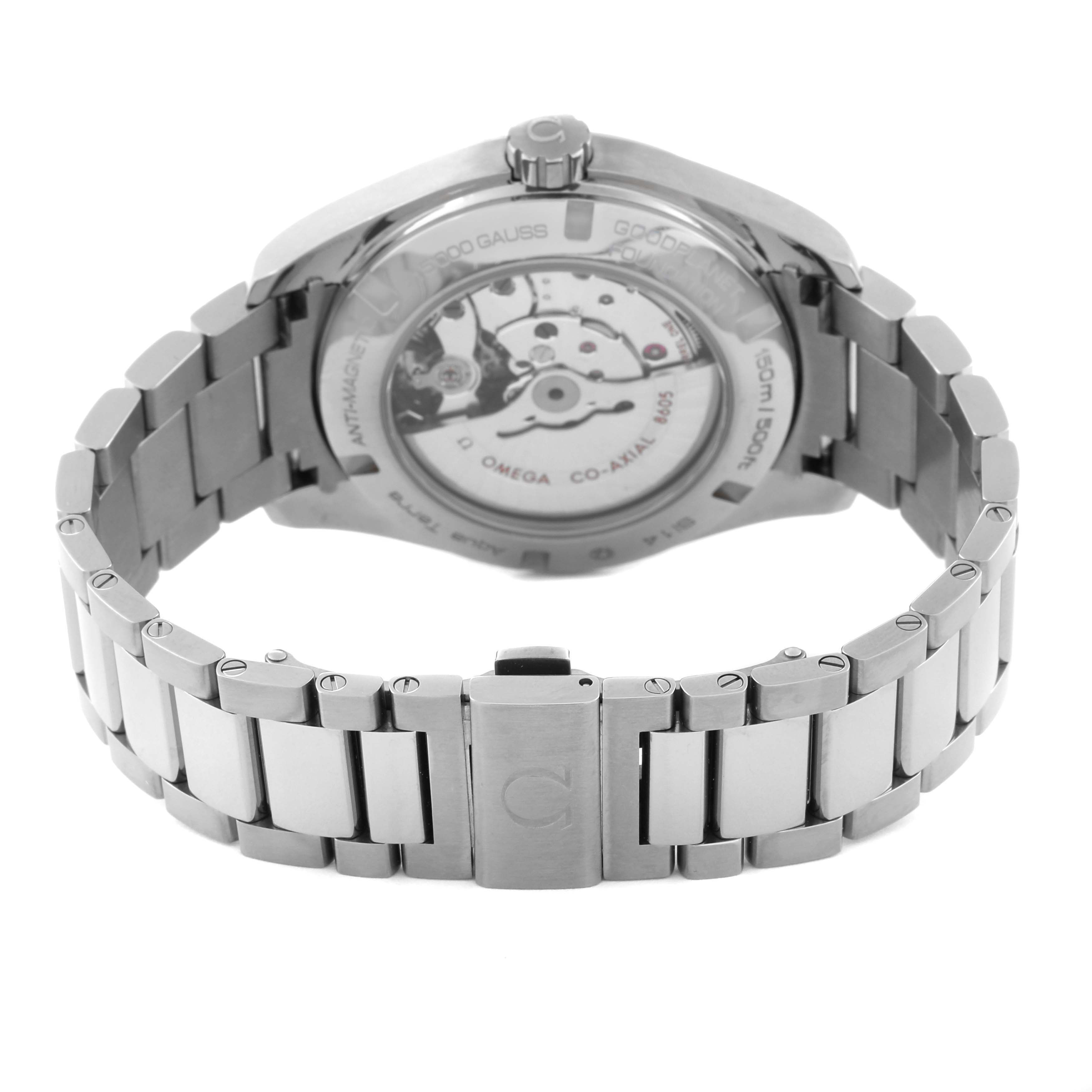 The image shows the back view of the Omega Aqua Terra 231.90.43.22.04.001 Men's Stainless Steel White Dial 231.90.43.22.04.001 Men's Stainless Steel White Dial watch, highlighting its stainless steel bracelet and visible movement.