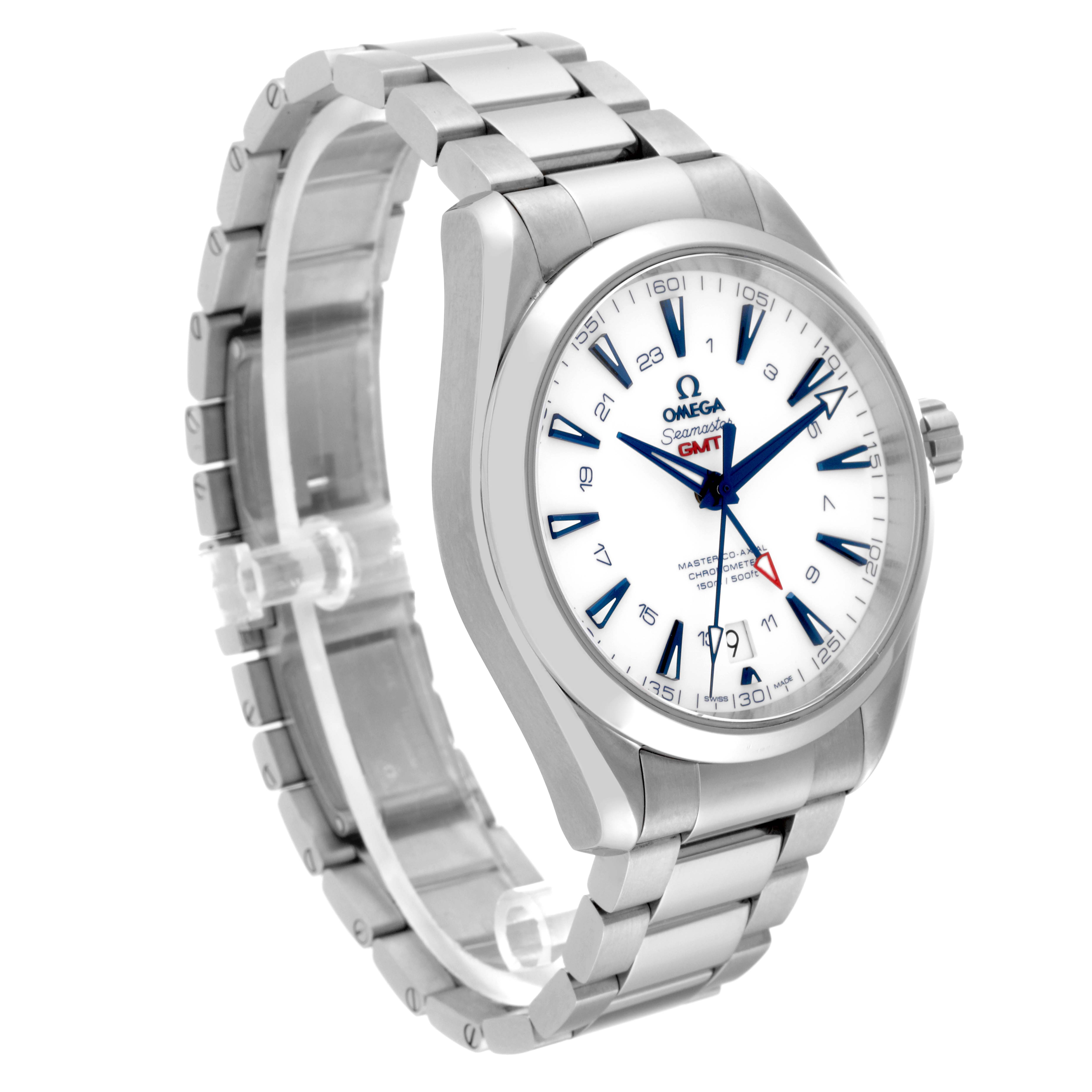 The image shows an Omega Aqua Terra 231.90.43.22.04.001 Men's Stainless Steel White Dial 231.90.43.22.04.001 Men's Stainless Steel White Dial model watch from a three-quarter angle, highlighting its face, bezel, and bracelet.