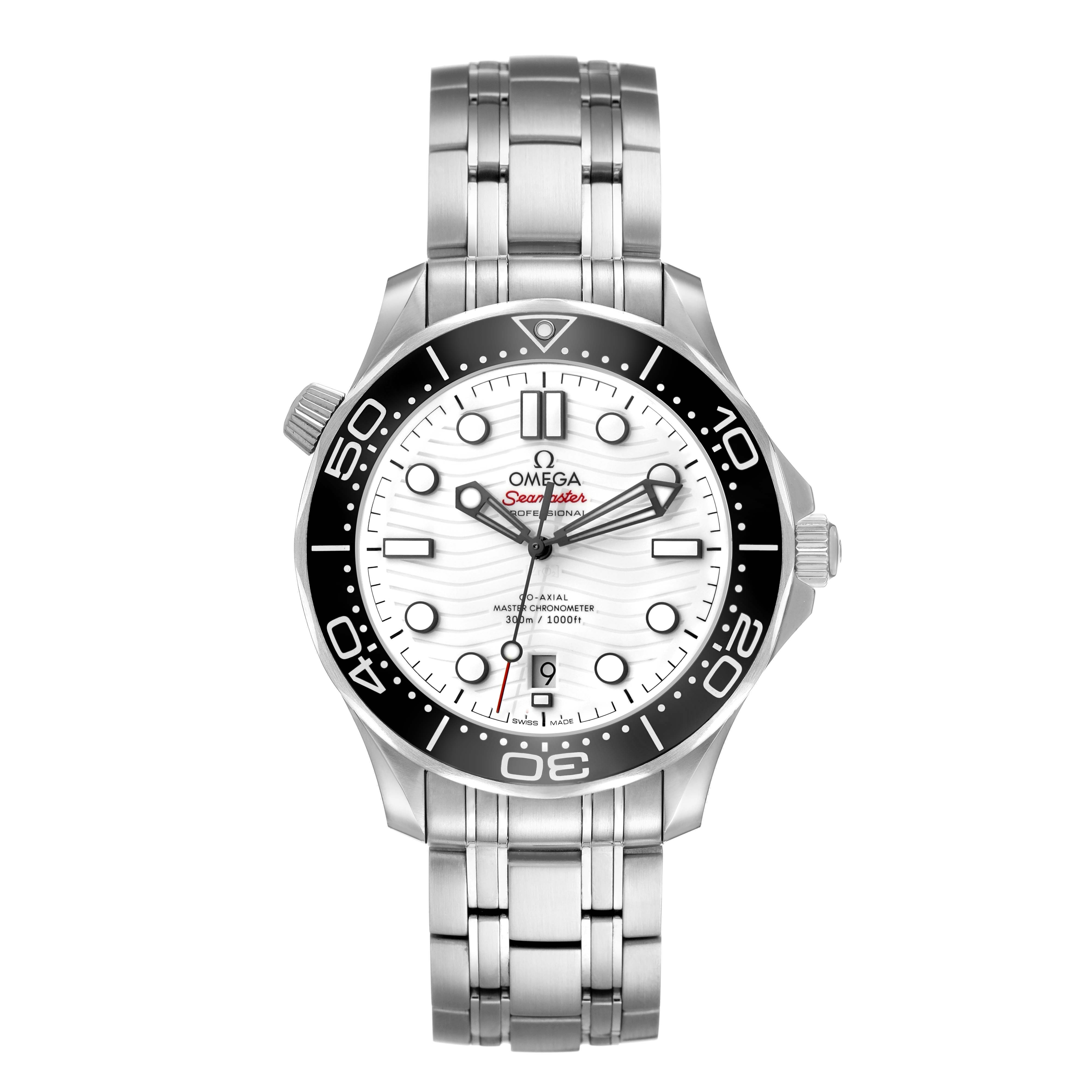 The Omega Seamaster 210.32.42.20.04.001 Men's Stainless Steel White Dial watch is shown from a top-down angle, displaying the face, bezel, and bracelet.
