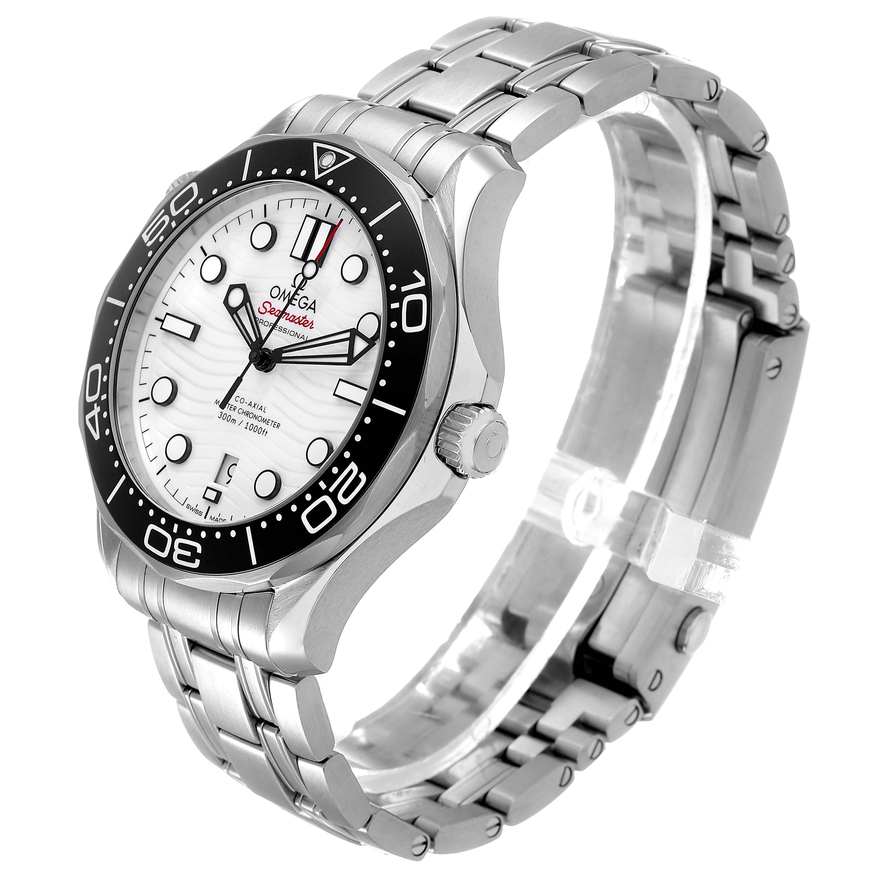 The Omega Seamaster 210.32.42.20.04.001 Men's Stainless Steel White Dial watch is shown at a three-quarter angle, highlighting the dial, bezel, crown, and bracelet.