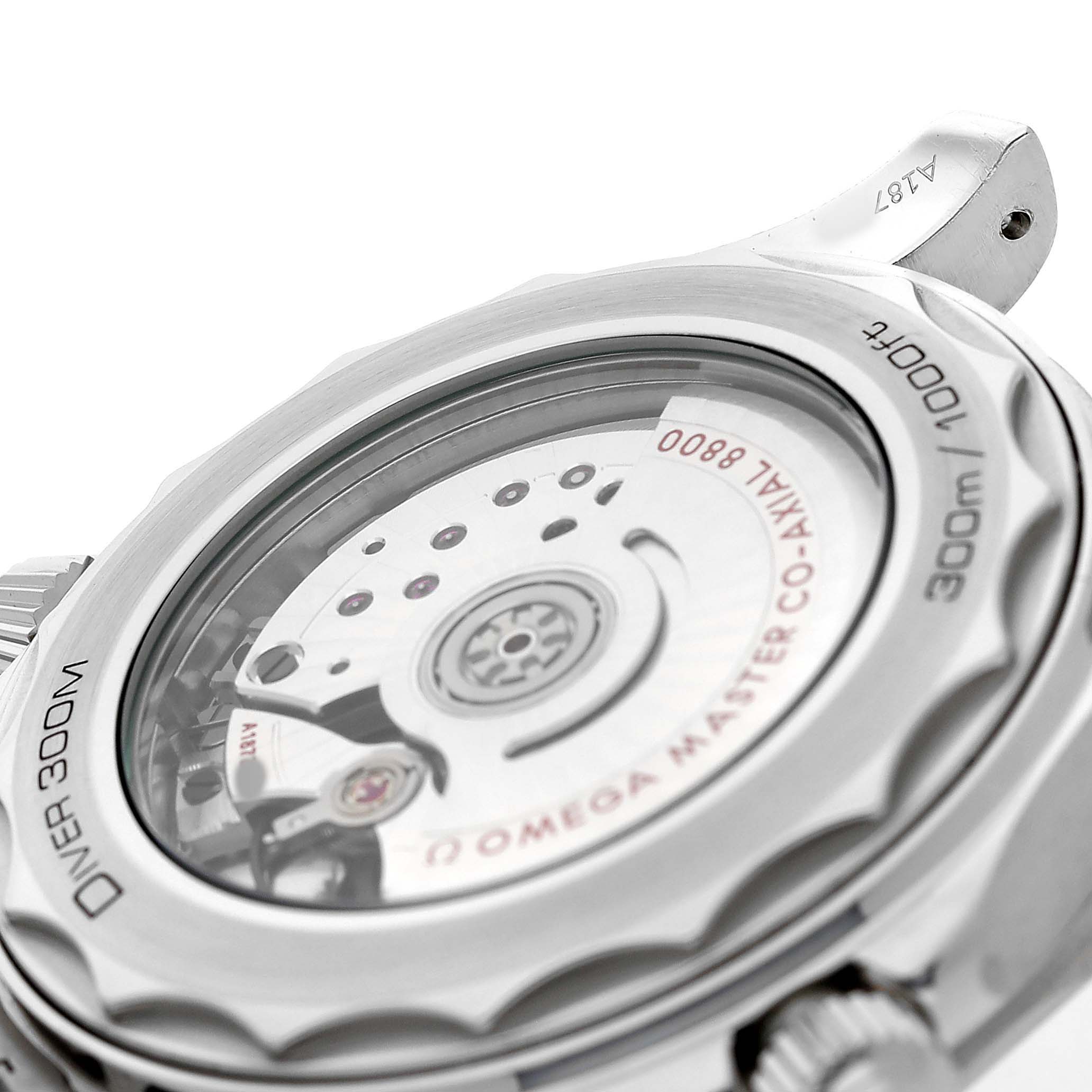 The image shows the back view of the Omega Seamaster 210.32.42.20.04.001 Men's Stainless Steel White Dial, highlighting its transparent case back and internal movement.