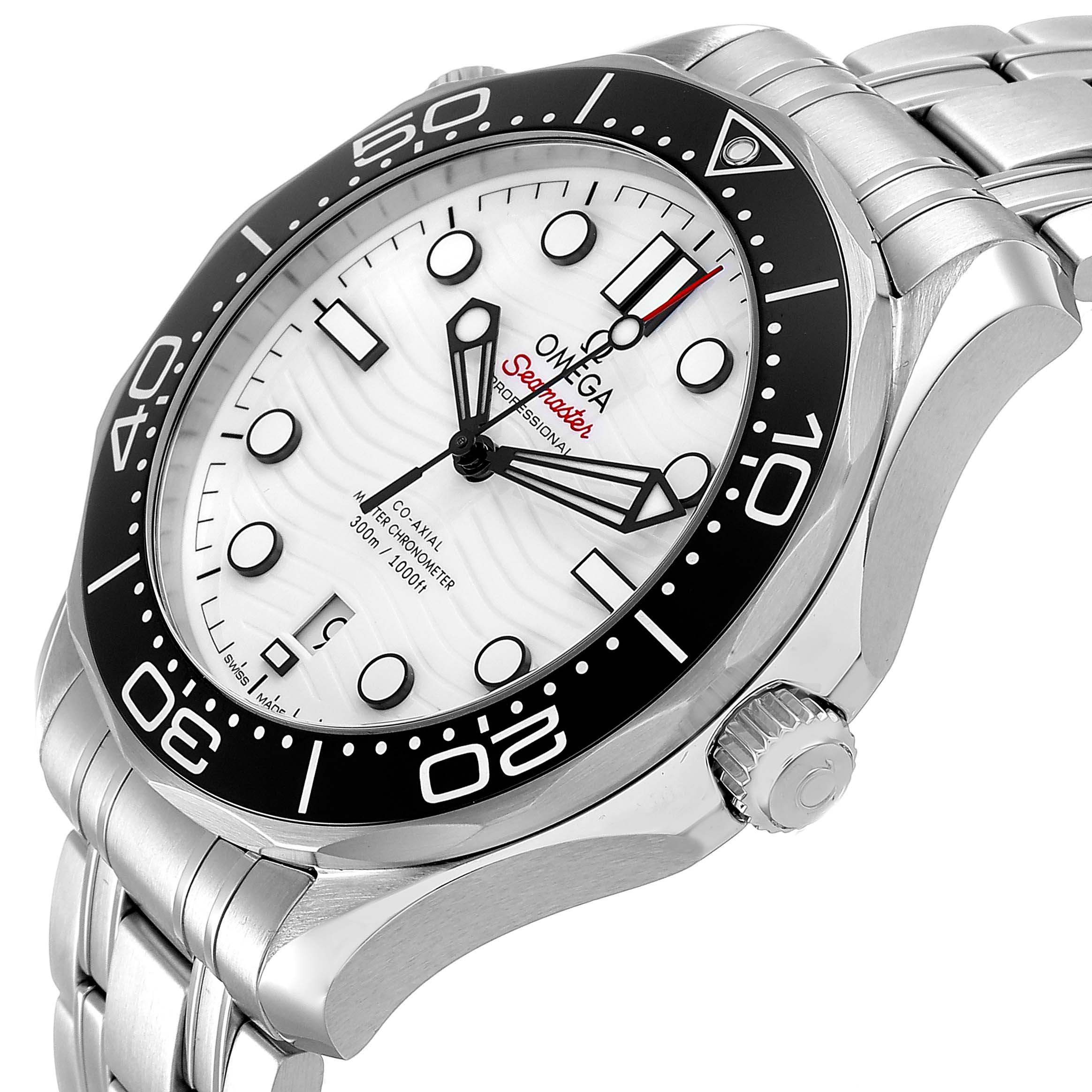 The Omega Seamaster 210.32.42.20.04.001 Men's Stainless Steel White Dial watch is shown at an angled side view, highlighting the face, bezel, crown, and bracelet.
