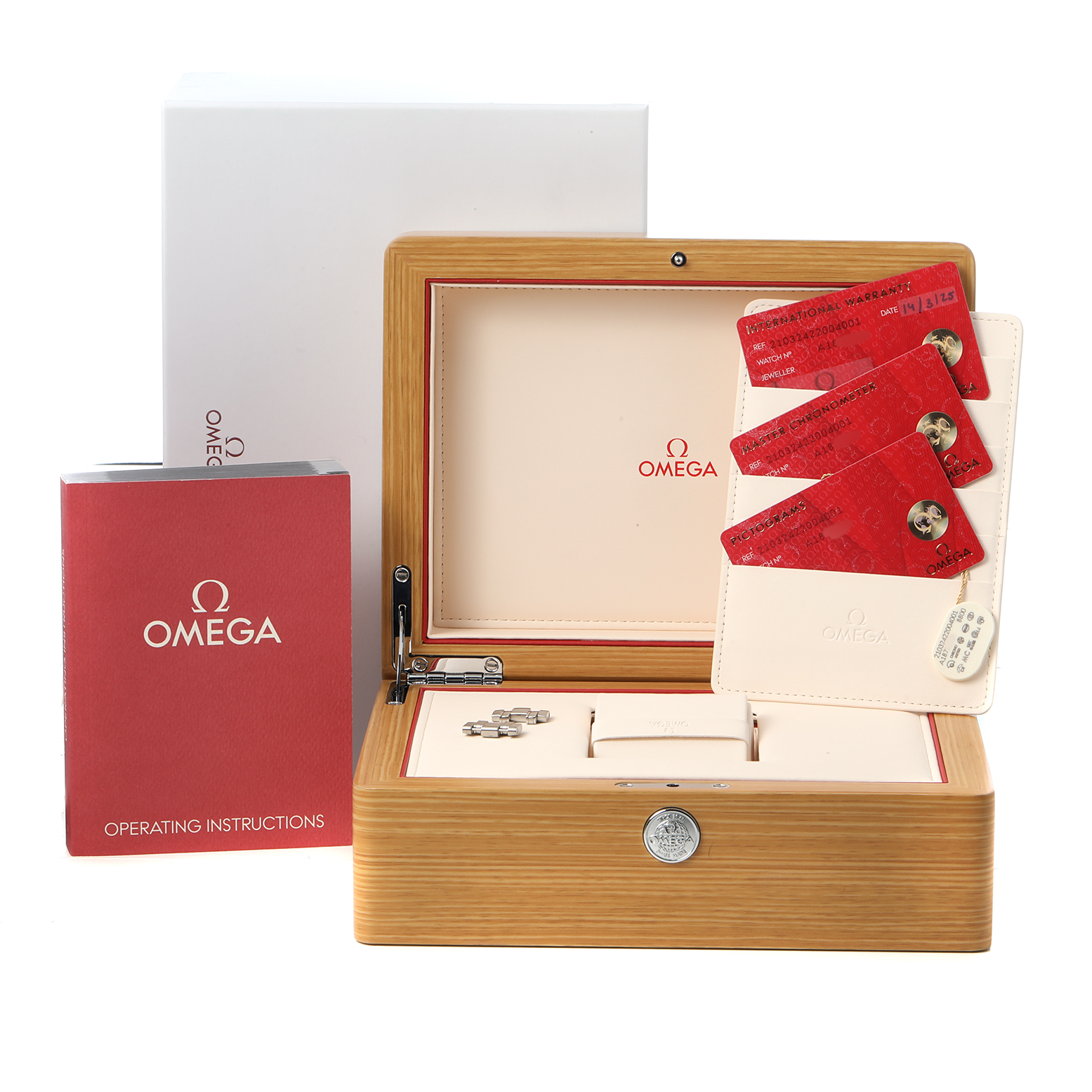 The image shows a wooden Omega Seamaster 210.32.42.20.04.001 Men's Stainless Steel White Dial watch box, instruction booklet, cards, and additional links at a frontal angle.