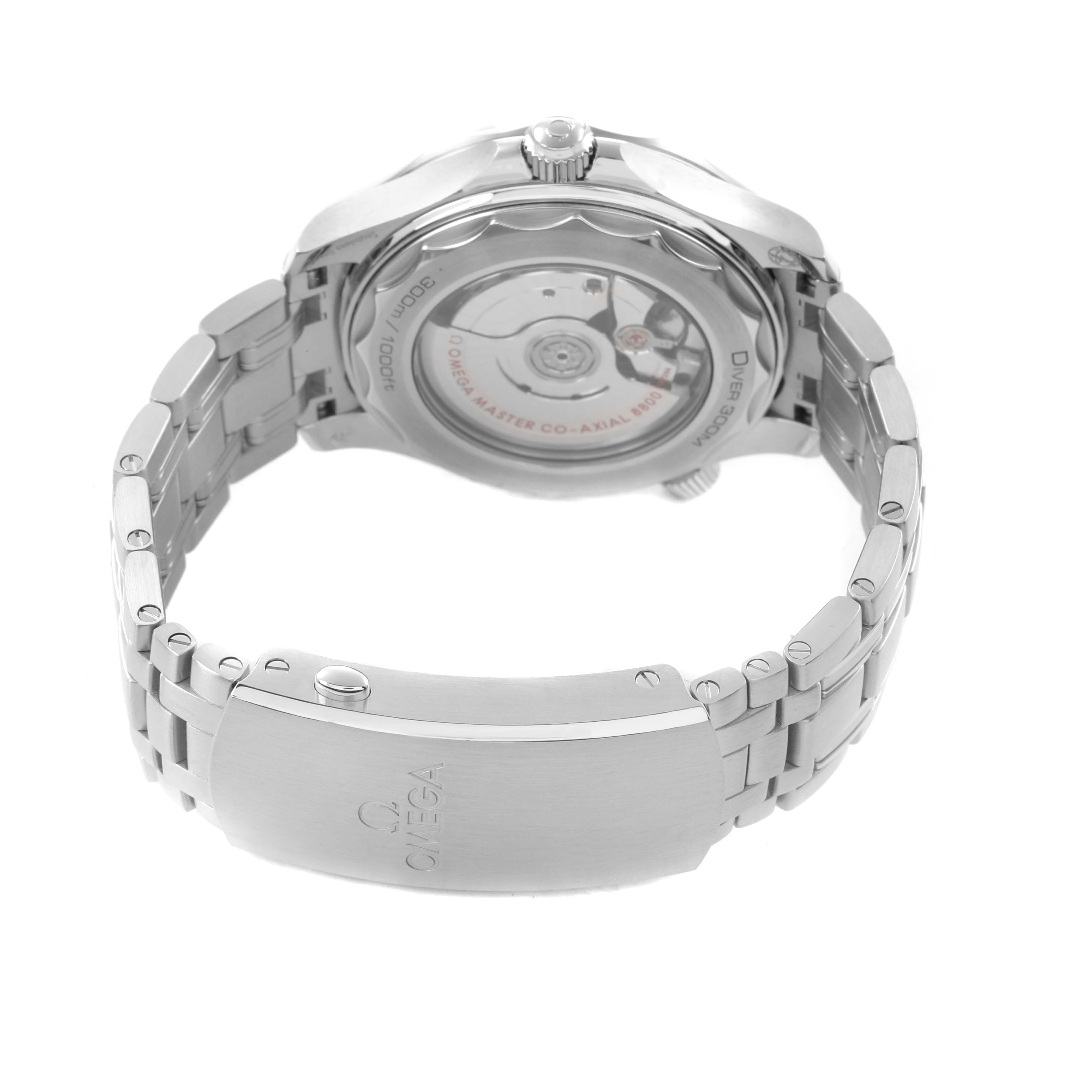 The image shows the back view of the Omega Seamaster 210.32.42.20.04.001 Men's Stainless Steel White Dial, highlighting the case back, bracelet, and clasp.