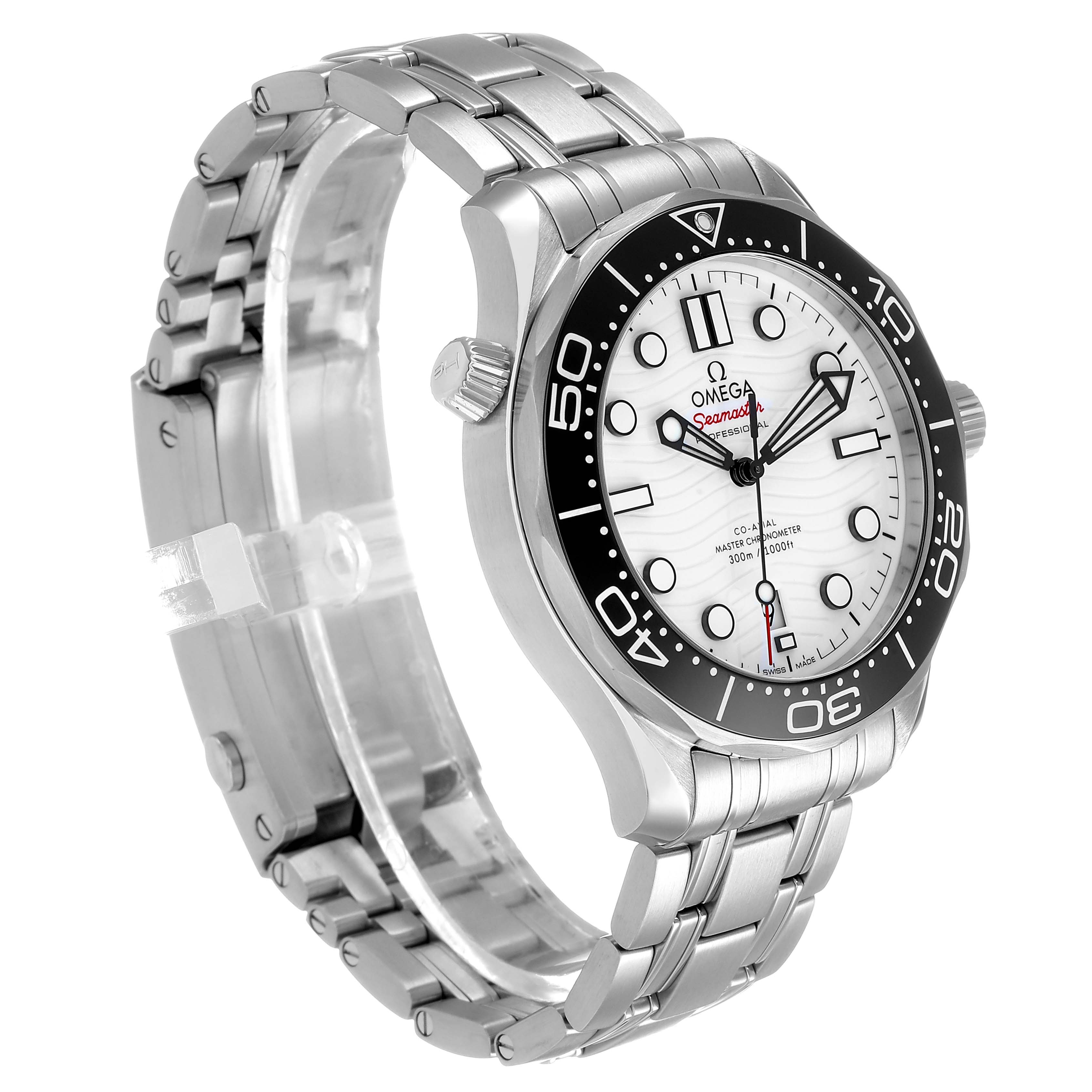 The Omega Seamaster 210.32.42.20.04.001 Men's Stainless Steel White Dial watch is shown at a three-quarter angle, displaying the face, bezel, crown, and bracelet.