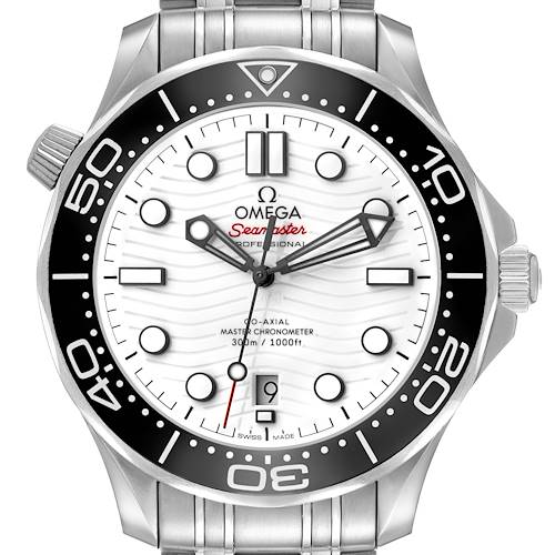 The Omega Seamaster 210.32.42.20.04.001 Men's Stainless Steel White Dial watch is shown from the front, featuring the dial, bezel, and part of the bracelet.
