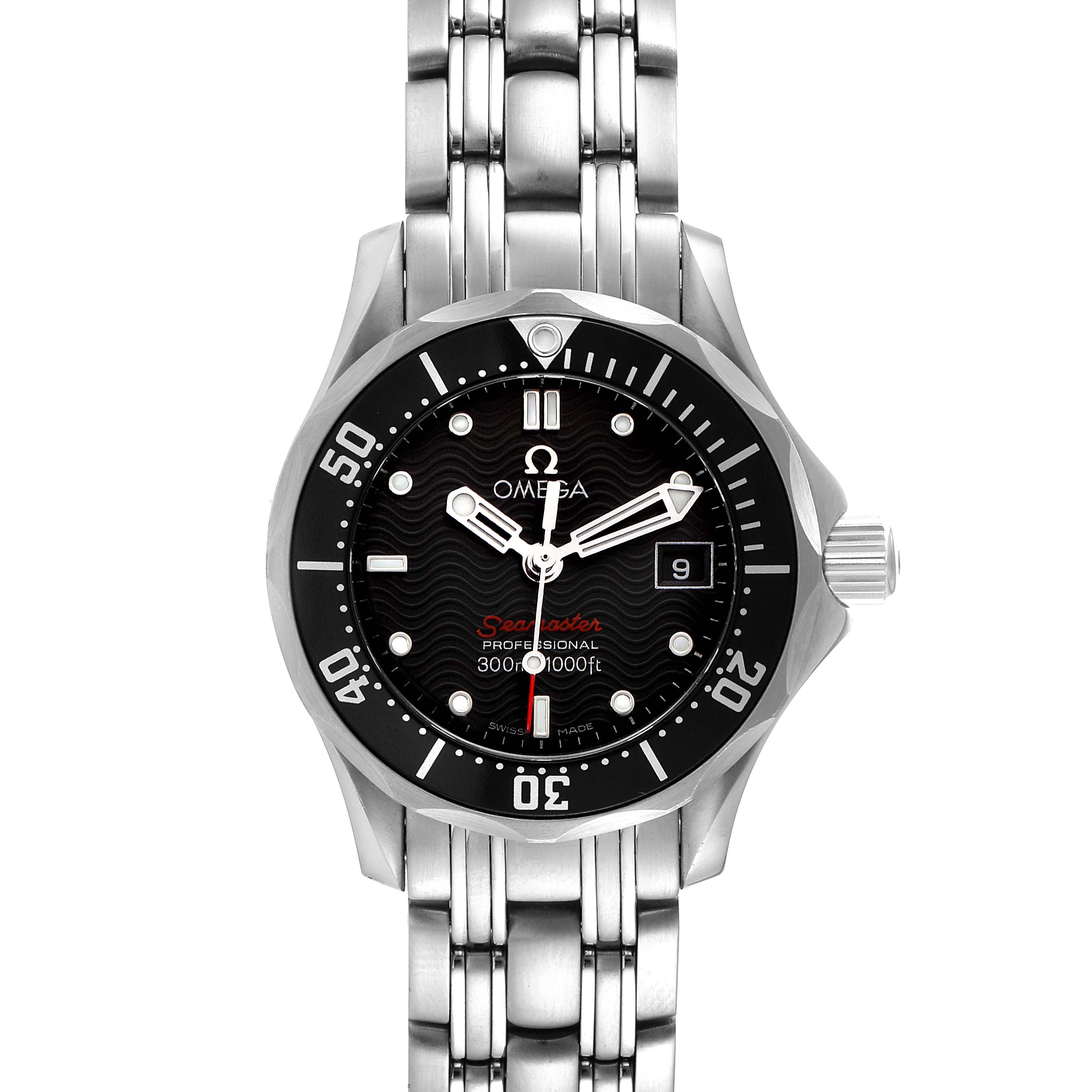 This image shows a frontal view of the Omega 212.30.28.61.01.001 Women's Stainless Steel Black Dial 212.30.28.61.01.001 Women's Stainless Steel Black Dial Seamaster Diver 300M 28mm Quartz Ladies Watch, model 212.30.28.61.01.001.