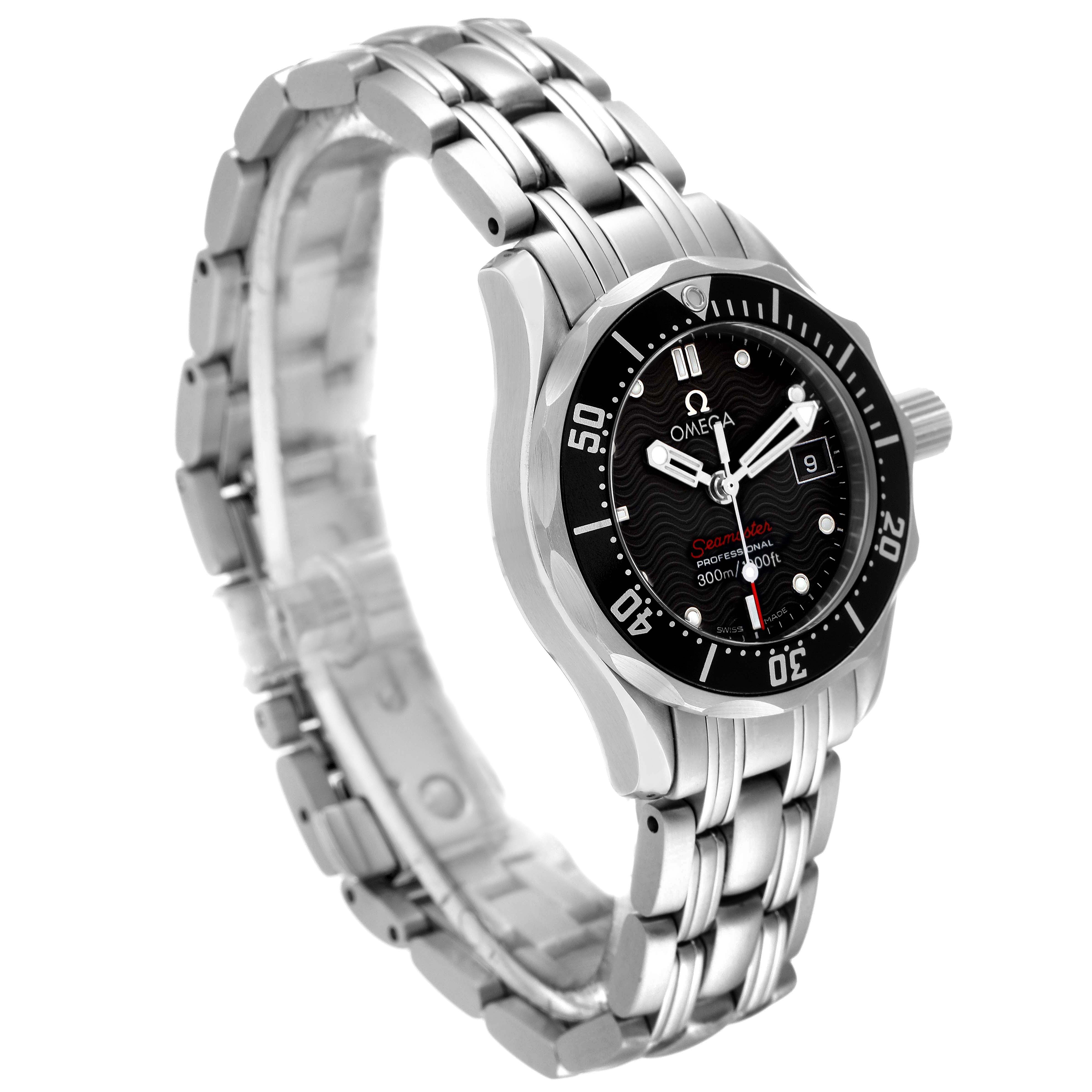 The Omega 212.30.28.61.01.001 Women's Stainless Steel Black Dial 212.30.28.61.01.001 Women's Stainless Steel Black Dial Seamaster Diver 300M 28mm Quartz Ladies Watch 212.30.28.61.01.001 is shown at a slight angle, showcasing its face, bezel, and bracelet.