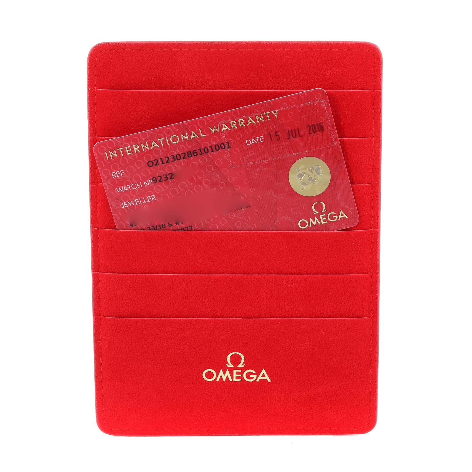 The image shows the warranty card holder for the Omega 212.30.28.61.01.001 Women's Stainless Steel Black Dial 212.30.28.61.01.001 Women's Stainless Steel Black Dial Seamaster Diver 300M 28mm Quartz Ladies Watch 212.30.28.61.01.001.