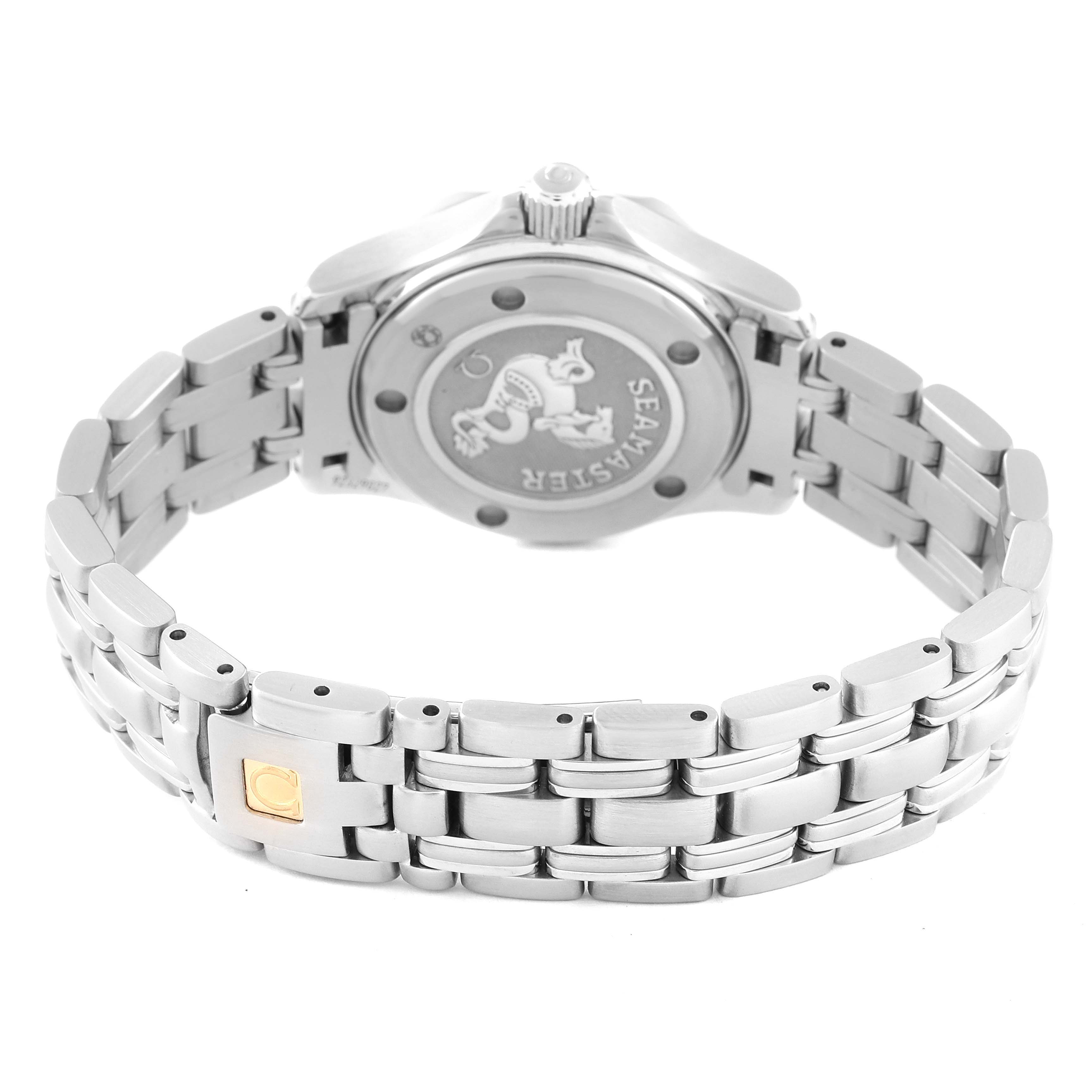 The image shows the back and side angle of the Omega 212.30.28.61.01.001 Women's Stainless Steel Black Dial 212.30.28.61.01.001 Women's Stainless Steel Black Dial Seamaster Diver 300M 28mm Quartz Ladies Watch 212.30.28.61.01.001, highlighting the bracelet and case back.